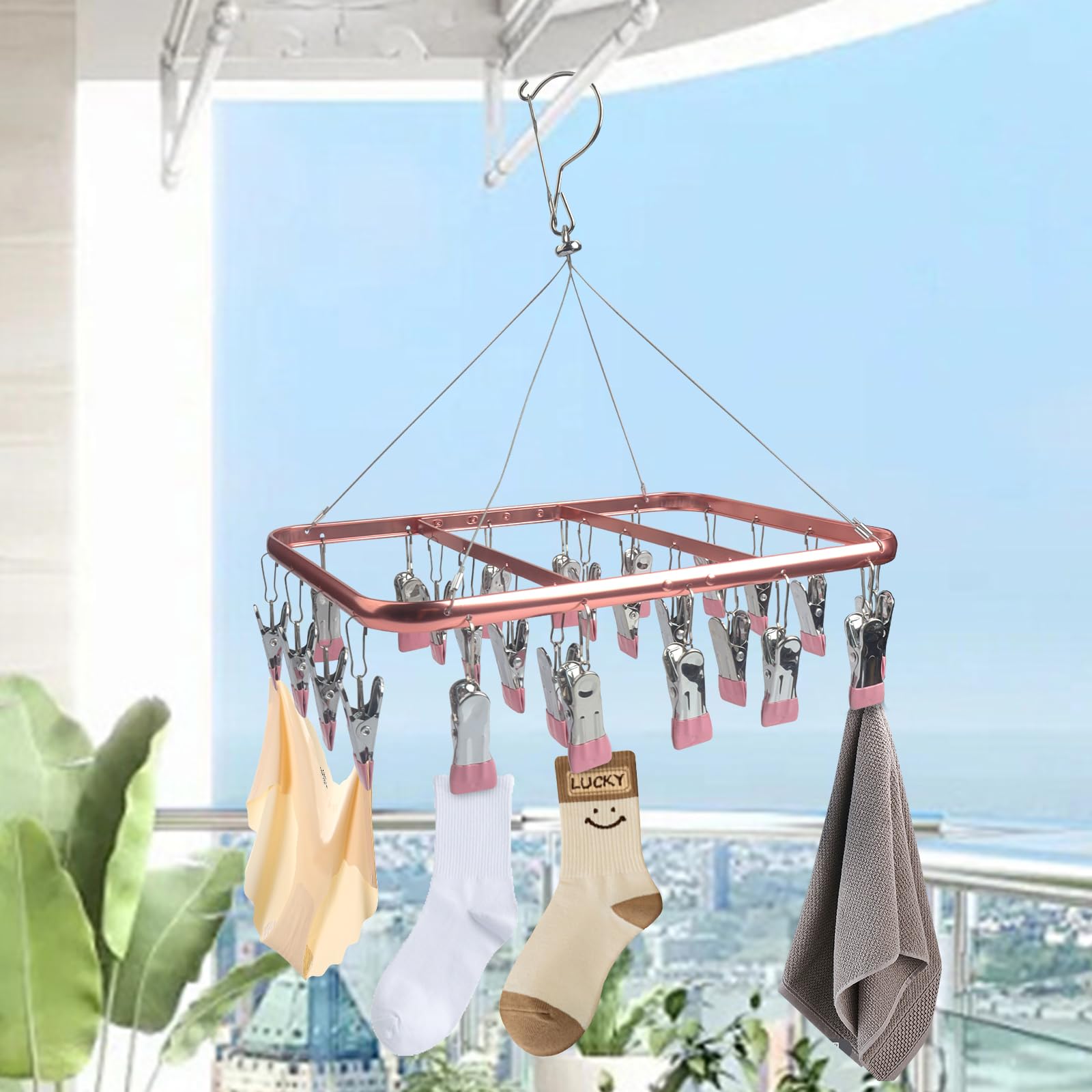 Roellgs Sock Dryer, Aluminum 32 Pegs Sock Hanger for Washing Line, Clothes Drying Rack with Windproof Hook, Hanging Clothes Airer for Socks, Underwear, Baby Clothes & Hats (pink) - Image 3