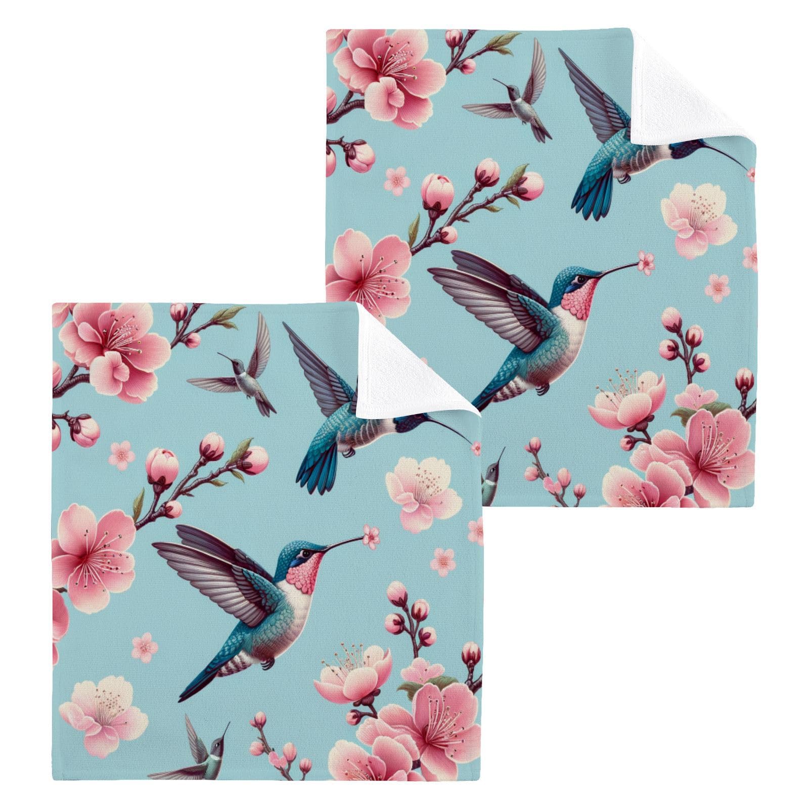 Msyxl 2-Pack Hummingbird Blossom Pattern Washcloths for Bathroom, 12x12in Cotton Wash Cloths Soft Absorbent Face Cloths Towel for Your Face Body