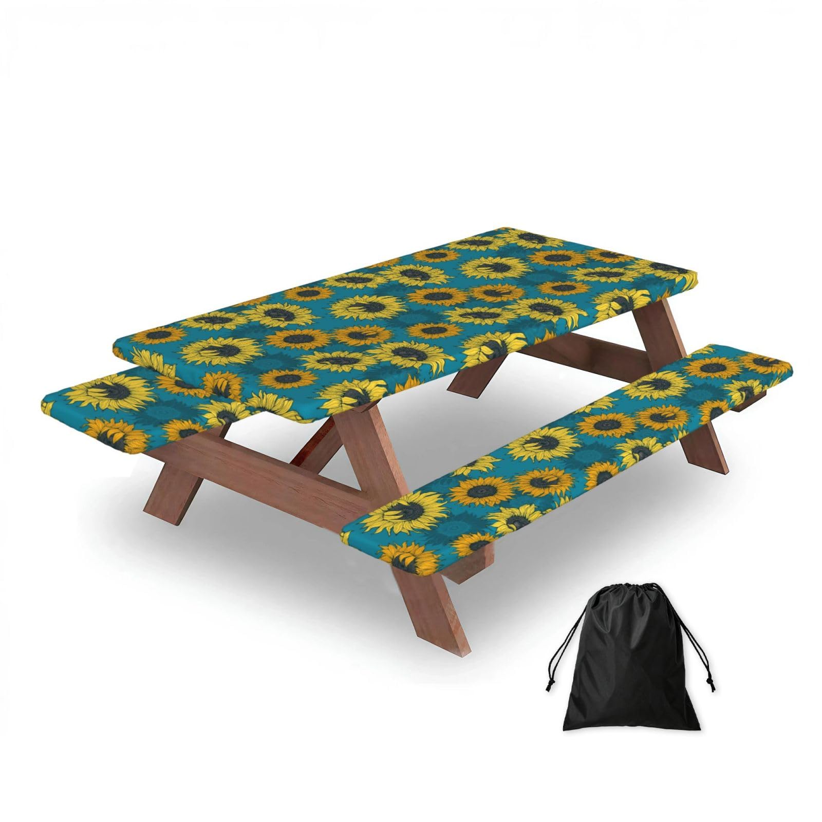 Dopklna As Picture Yellow Sunflowers On A Blue Background, Picnic Table Cover With Bench Covers -Waterproof Elastic Fitted Tablecloth For Garden Camping Patio 76X152cm