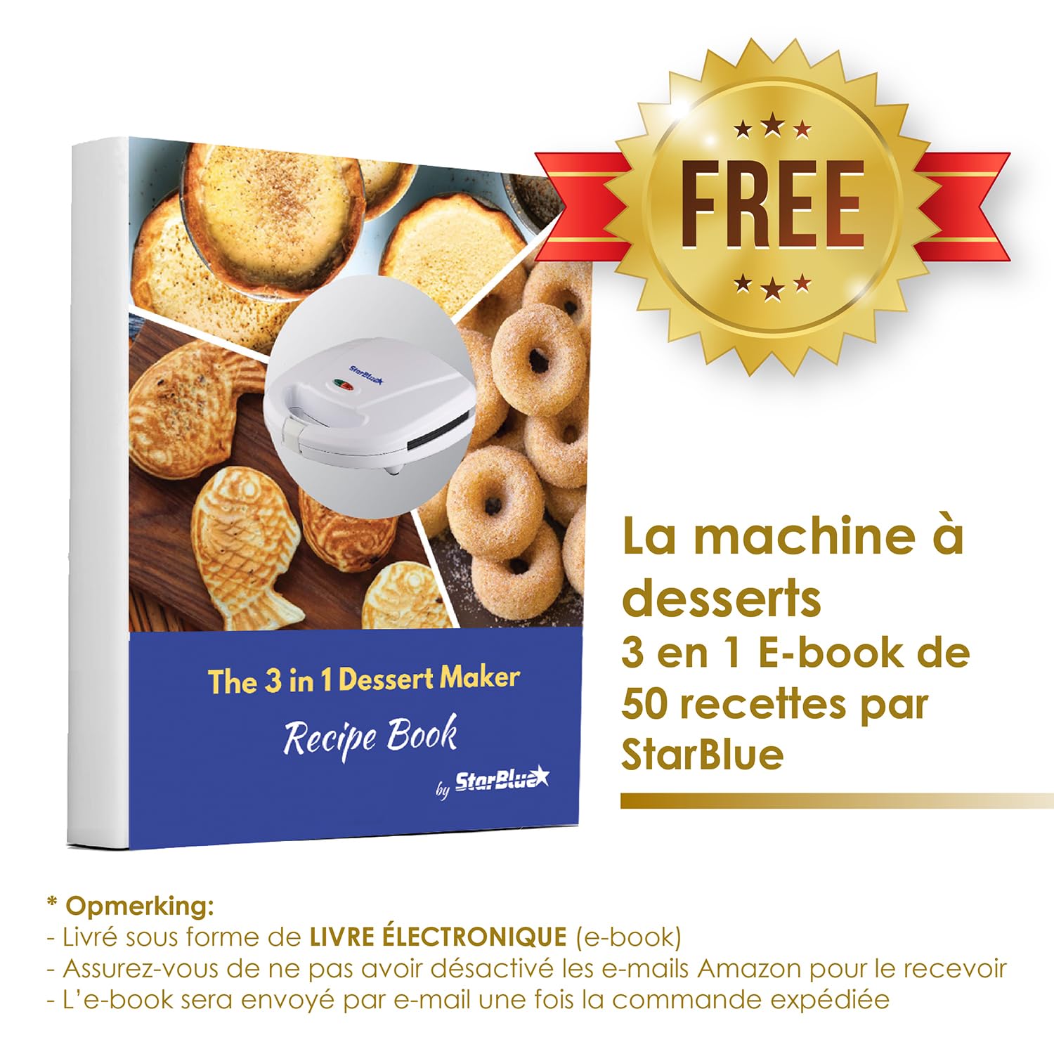 StarBlue Appareil Pour Petits Beignets, Tartes Et Quiches, Machine A Taiyaki, 3 En 1, Avec Plaque Amovible, 220-240 V CA, 50/60 Hz, 700-800 W, Blanc