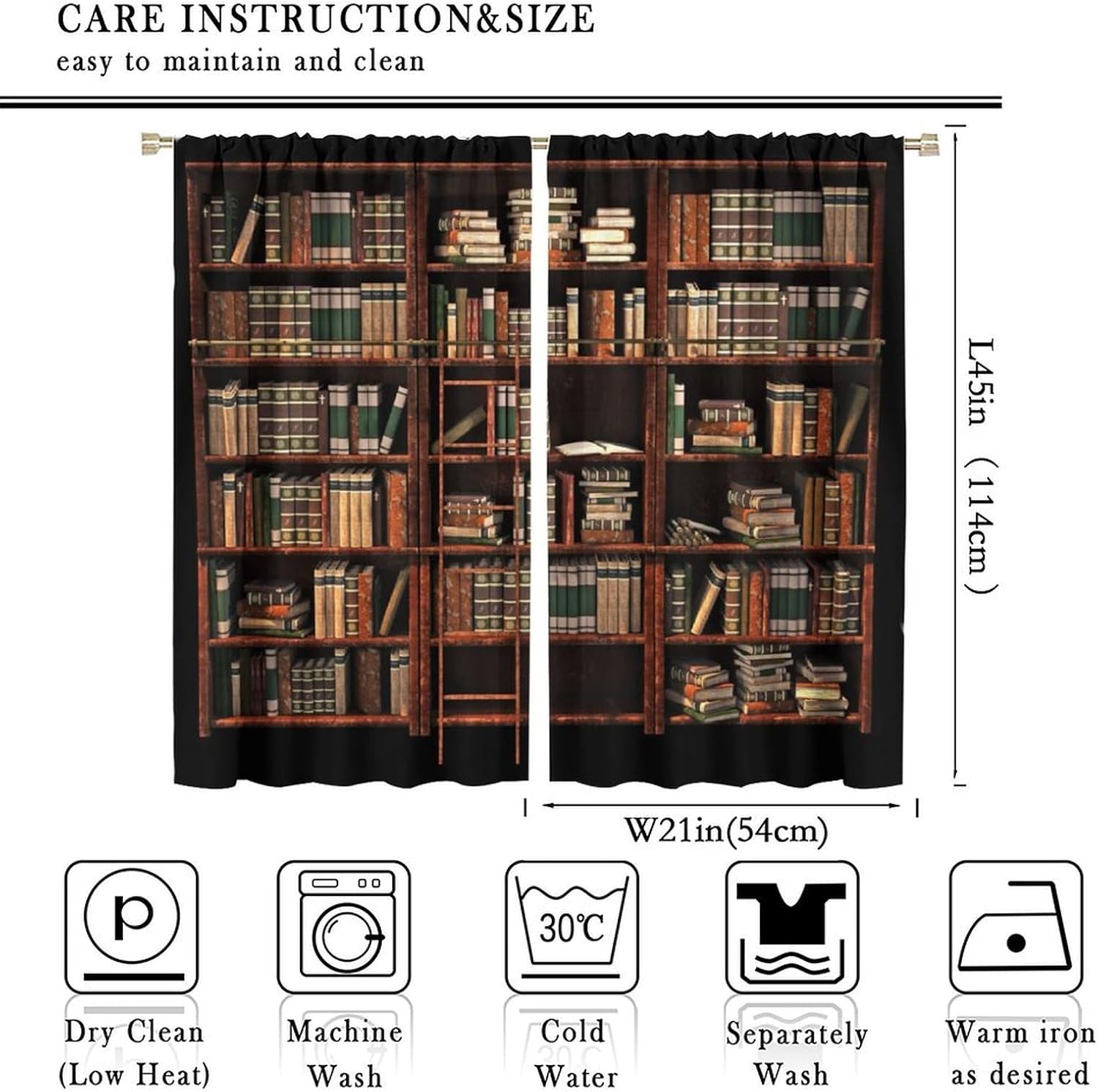 Vintage Bookshelf Blackout Curtain,Library Vintage Old Bookshelf,Window Drapes for Kids Boys Girls Living Room Bedroom Set 2 Panels,42x45 Inches
