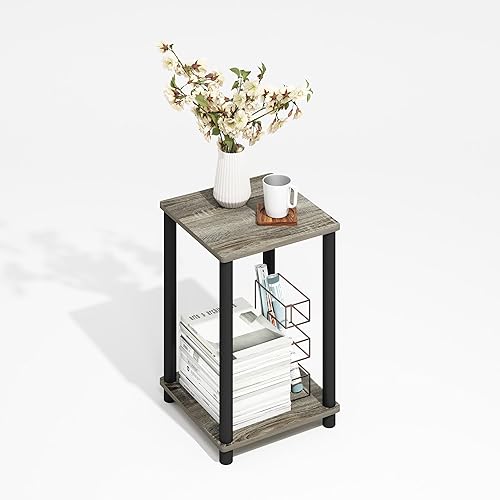 Furinno Mesa auxiliar moderna, mesa auxiliar cuadrada de 2 niveles con estante abierto, mesita de noche sin herramientas, mesita de noche, para sala