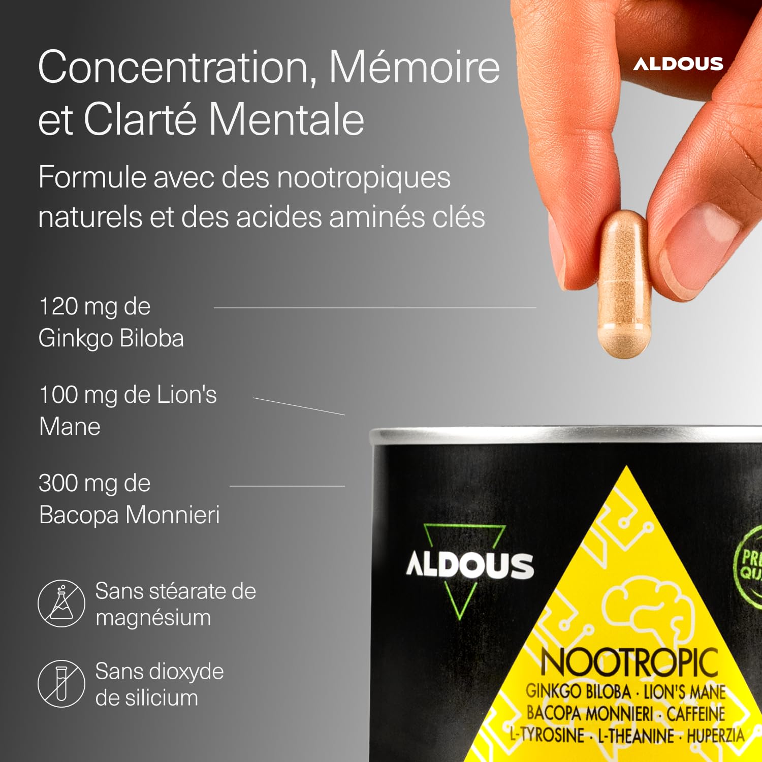 Nootropique Naturel - 80 Gélules - Brain Booster - Focus - Mémoire et Concentration, Énergie - Ginkgo Biloba, Lions Mane, Caféine, Bacopa Monnieri, Tyrosine, Théanine, Huperzia - ALDOUS