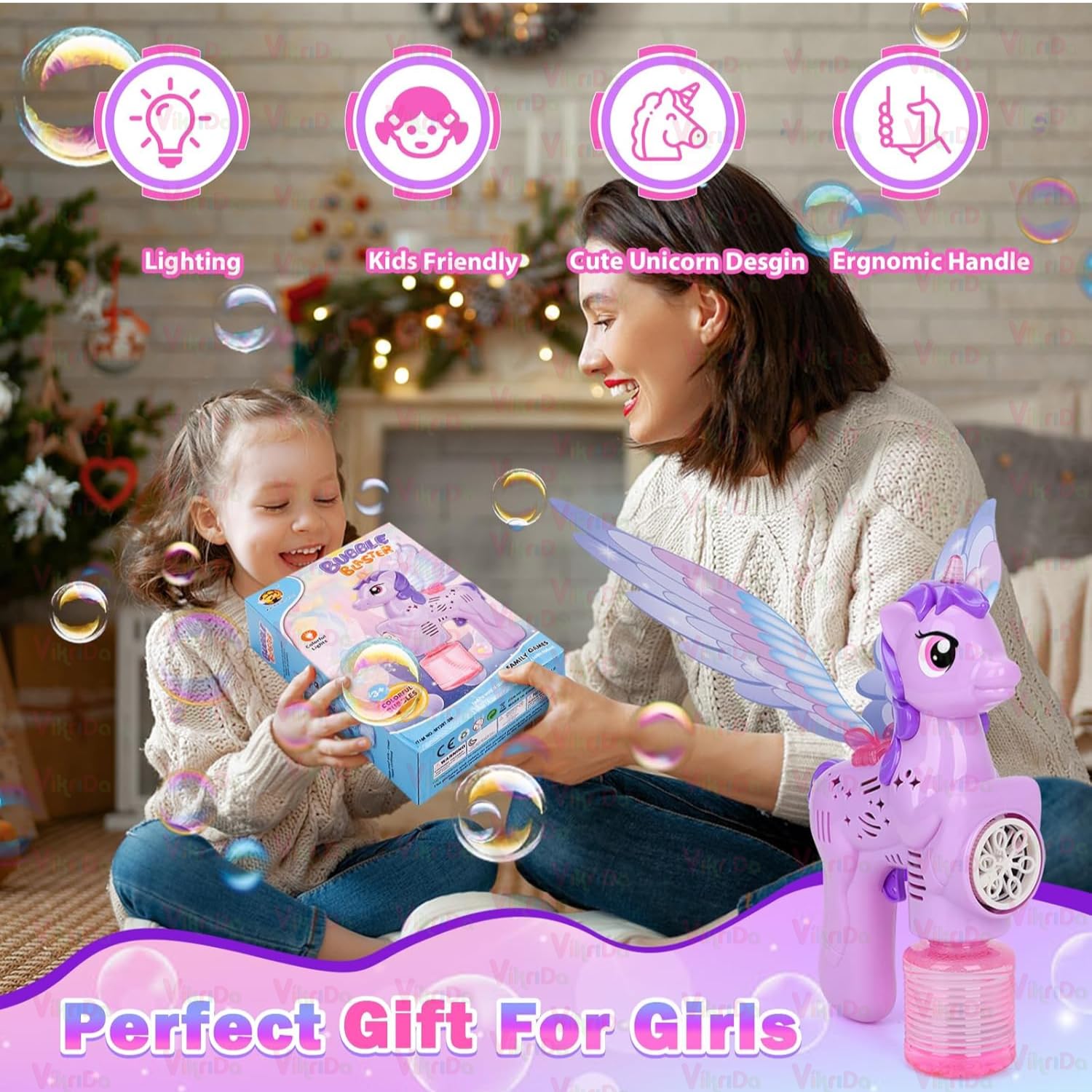 VikriDA Automatic Unicorn Shepe with Wing Bubble Gun Machine for Kids – 5000+ Bubbles/Min – Leak-Proof Space Blower with LED Light 2