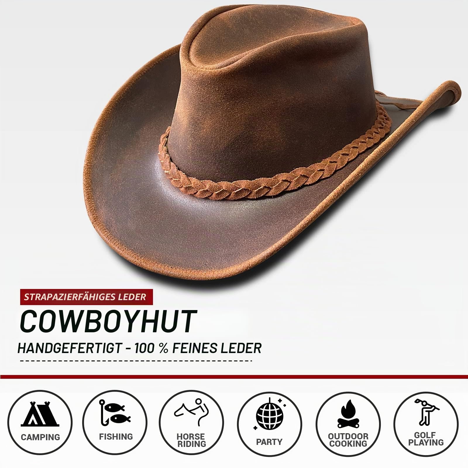 Australischer Lederhut mit geflochtenem Band Original Cowboy Buschhut