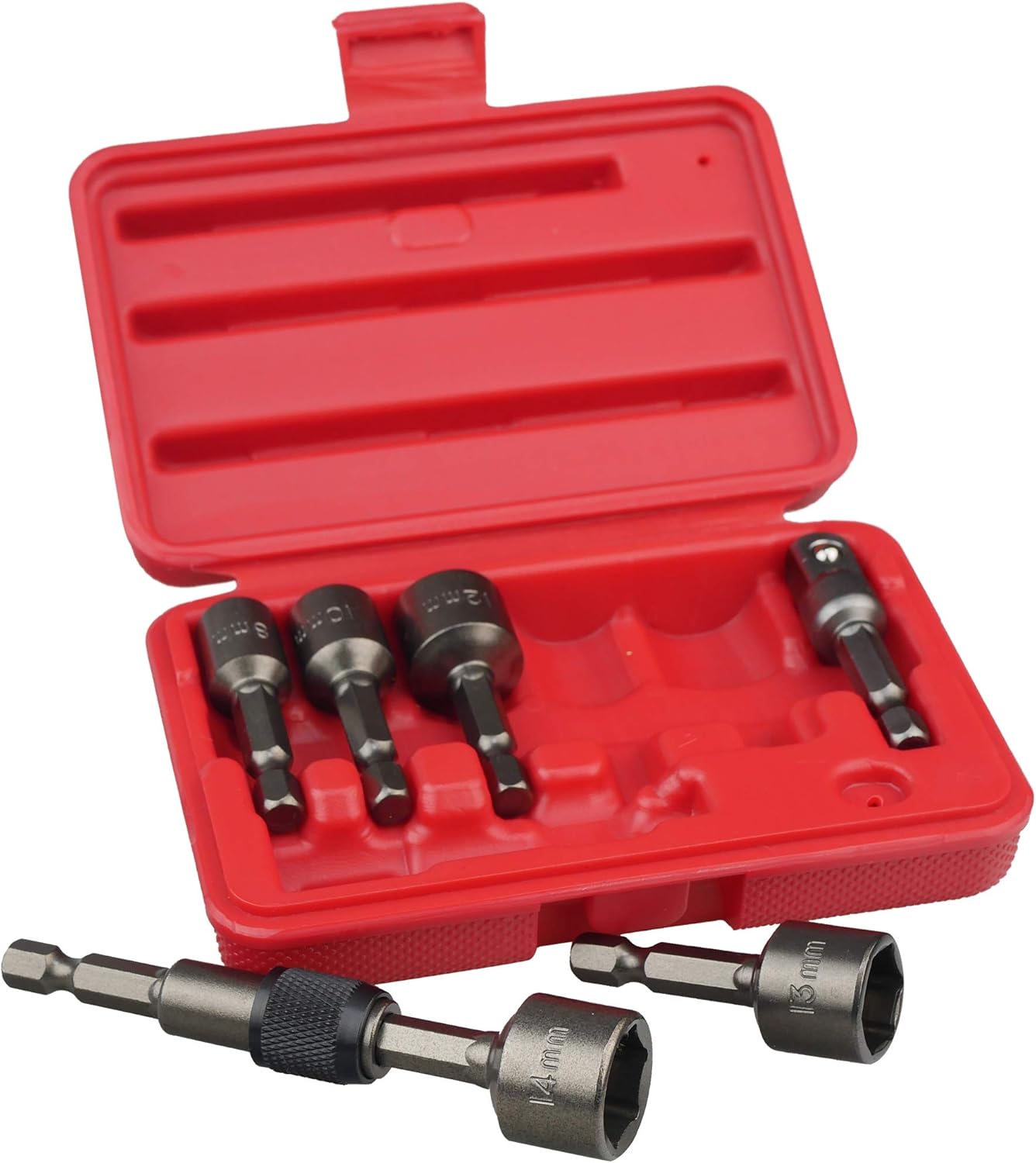 K452 Magnetic Power Nut Driver Bit Set with Socket Adapter and Extension, Quick-Change 1/4-Inch Hex Shank, Metric, 7-Piece