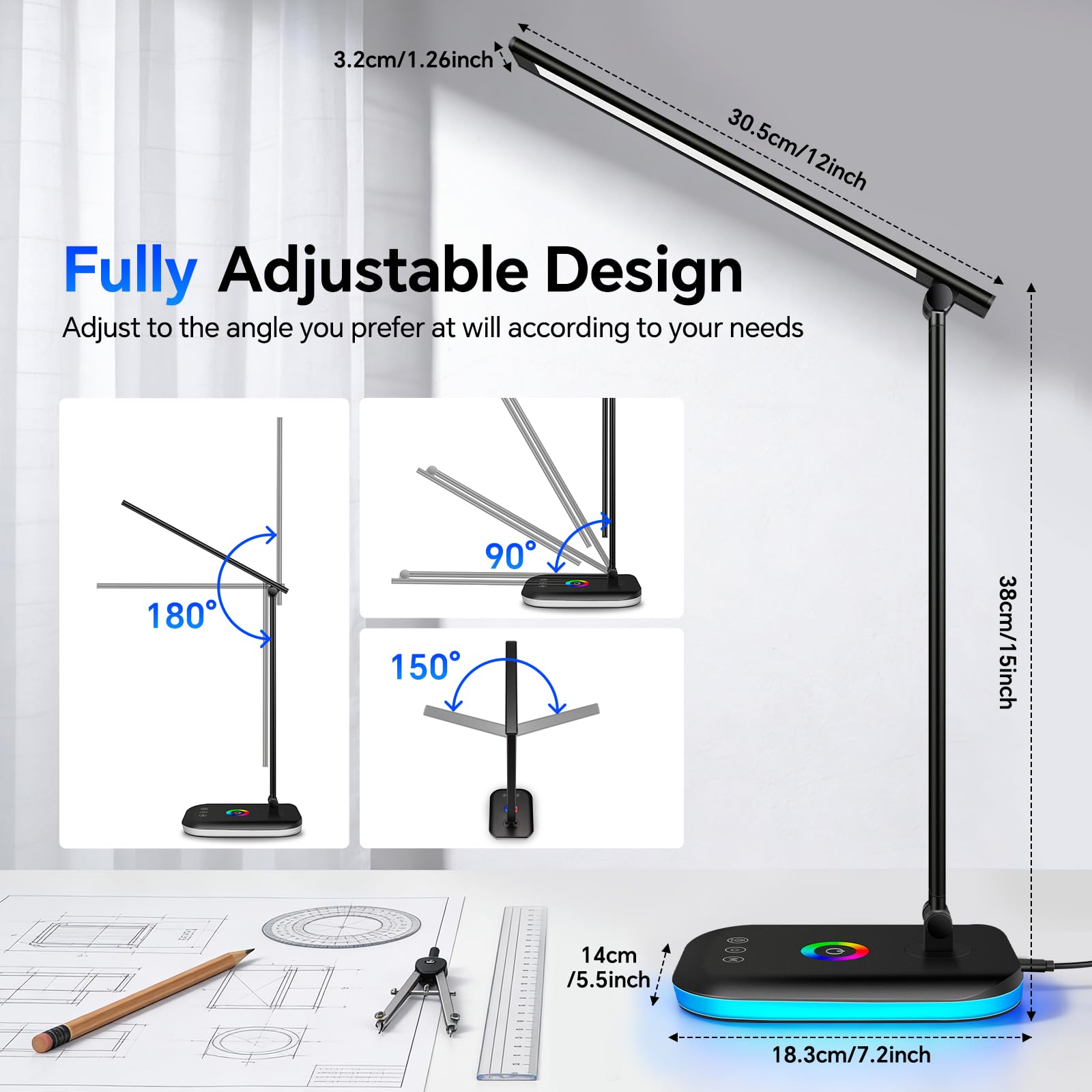 Morotty Lámpara de Escritorio LED 10W, Flexo con Luz Nocturna, 5 Temperaturas de Color, Regulación 10-100%, Puerto USB, Control Táctil Negro