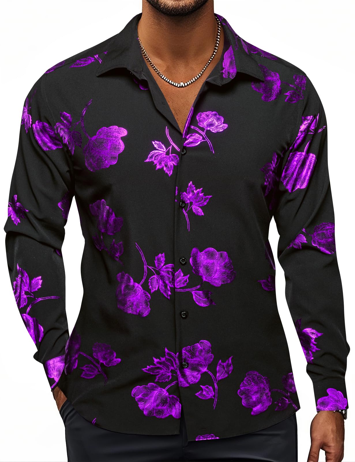 Hi-Tie Mens Hipstar Luxrury Paisley Floral 3D Printed Dress Shirts Shiny Long Sleeve Button Down Party Disco Nightclub Shirt