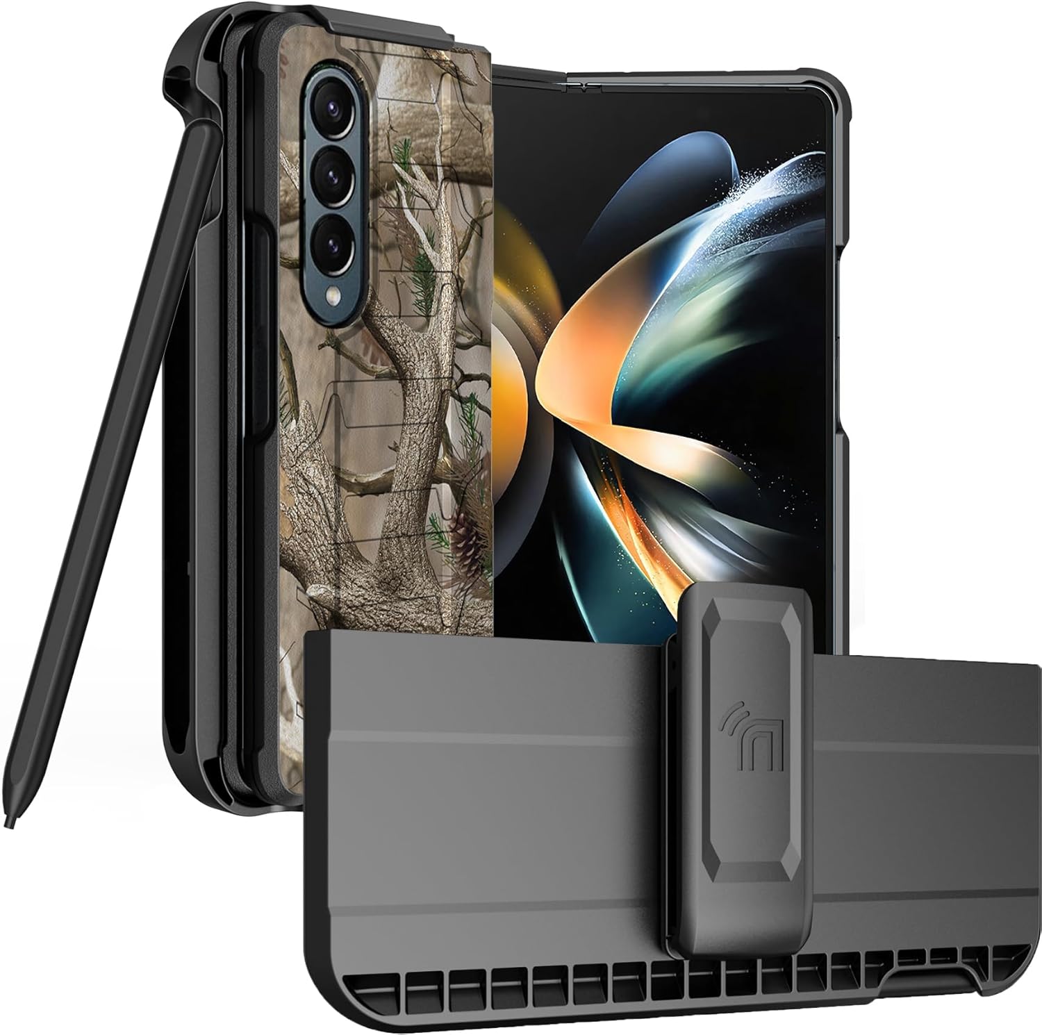 Nakedcellphone Case with Clip and S Pen Slot for Galaxy Z Fold 4 5G, Tactical Cover and Belt Hip Holster View Stand Combo for Samsung Z Fold4 Phone (SM-F936U, 2022) - Outdoor Camo Tree Real Woods