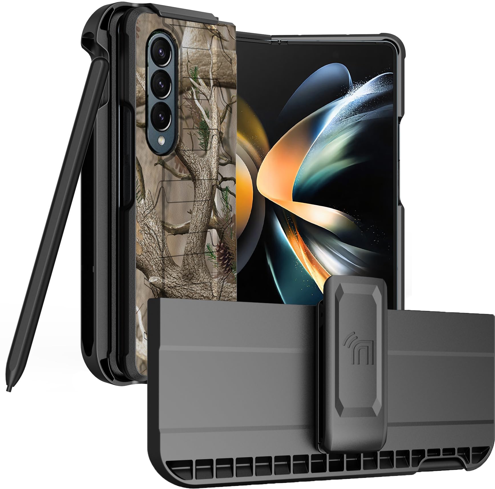 Nakedcellphone Case with Clip and S Pen Slot for Galaxy Z Fold 4 5G, Tactical Cover and Belt Hip Holster View Stand Combo for Samsung Z Fold4 Phone (