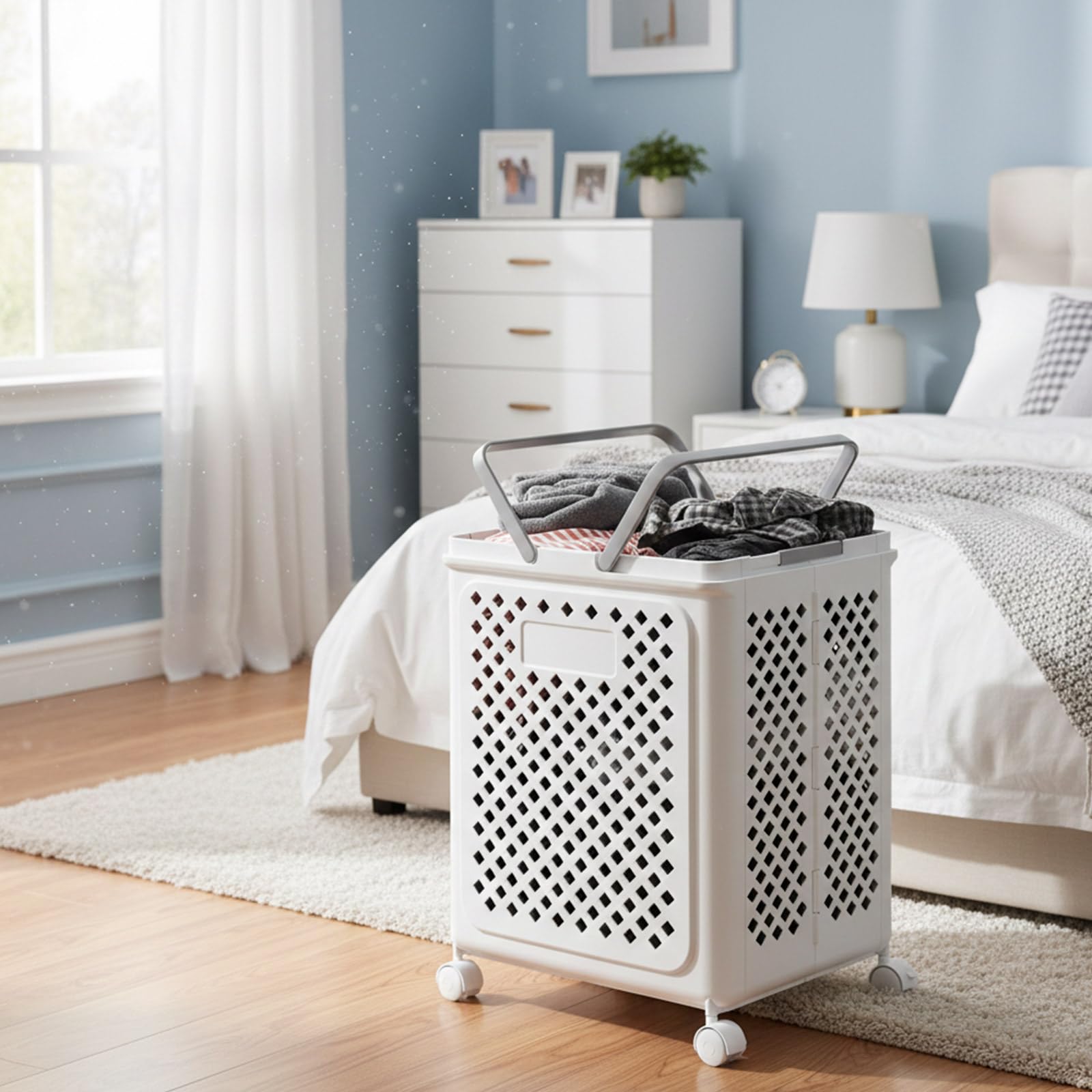 Panier à Linge Pliable avec Roulettes en Plastique | Couleur Blanche, Gain de Place, pour Vêtements Serviettes Jouets, Salle de Bain Buanderie Chambre