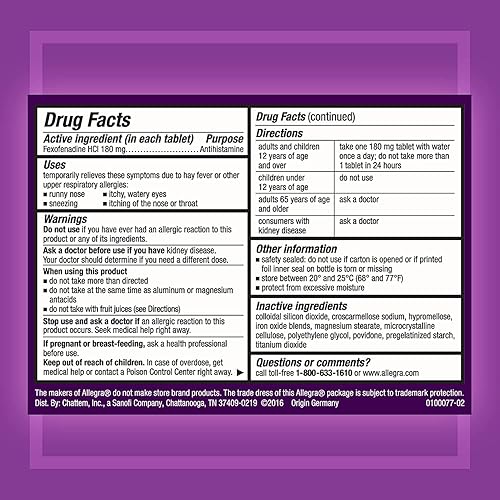 Miniatura 2 de Allegra Tabletas de alergia para adultos de 24 horas, 180 mg, 70 unidades, paquete de 2 (140 unidades en total)