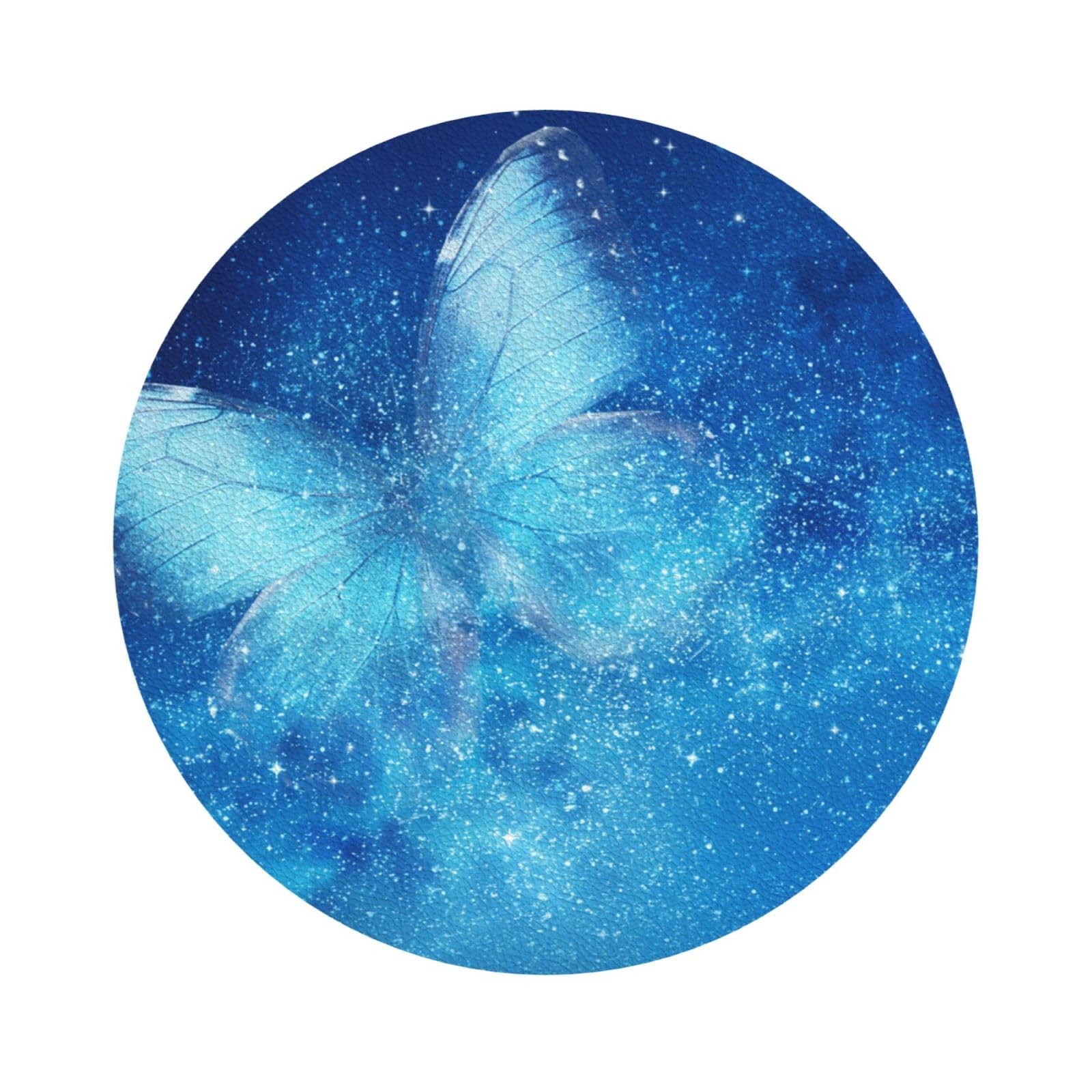 Blue Starry Butterfly PU Leather Coasters Set of 6 Round Drink Coasters