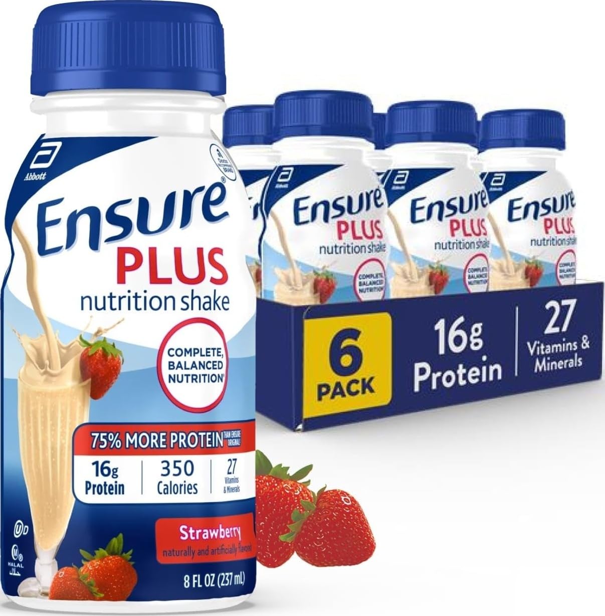Ensure Plus Strawberry Nutrition Shake, 6 Pack | Meal Replacement Nutritional Drinks with 27 Vitamins & Minerals, 350 Calories, Clinically Proven to Help Adults Gain Weight
