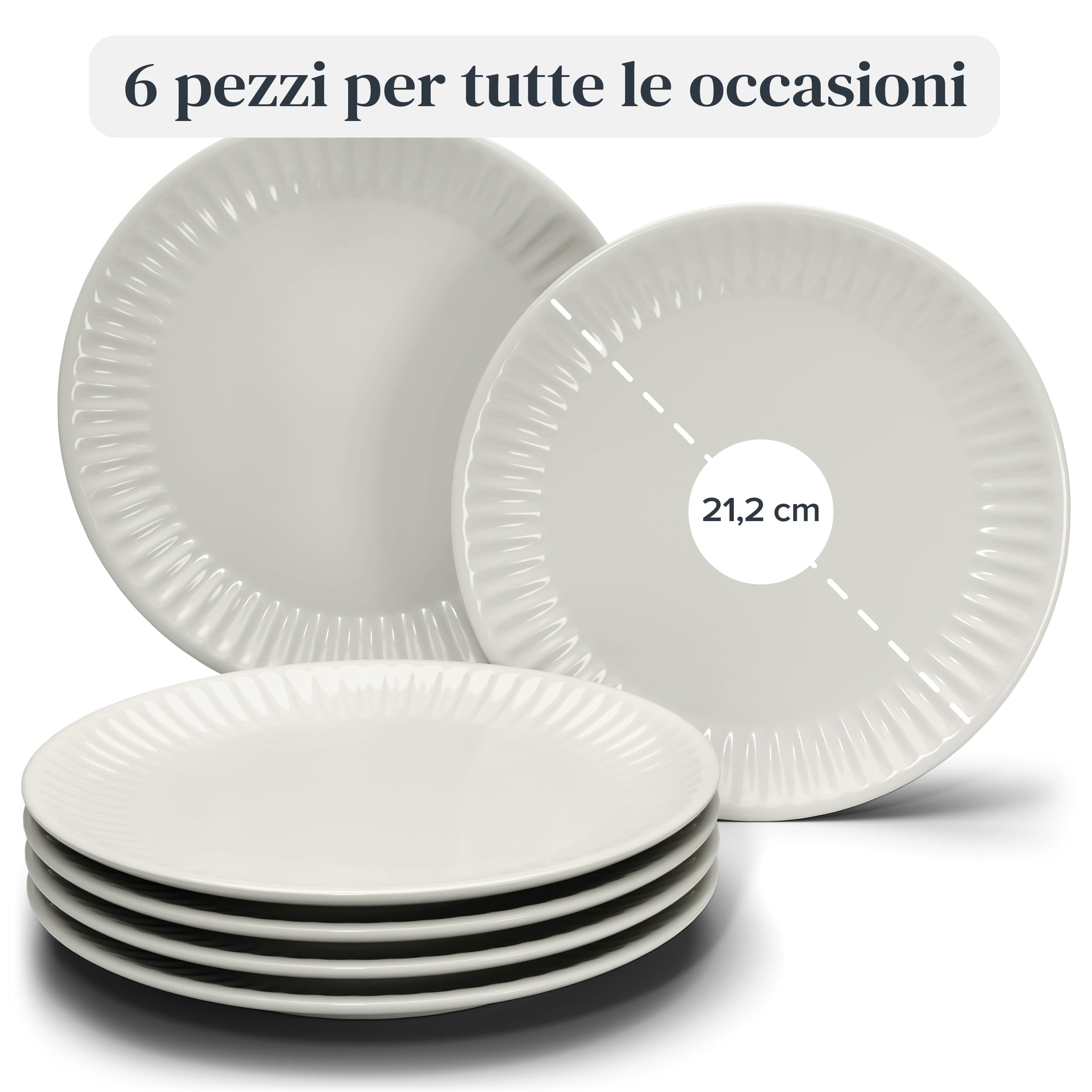 Set di 6 piatti per la colazione in gres, design HYGGE Scandi, piatti da dessert e da torta con design scanalato, piatti piccoli per insalate, stoviglie Pure Living in beige
