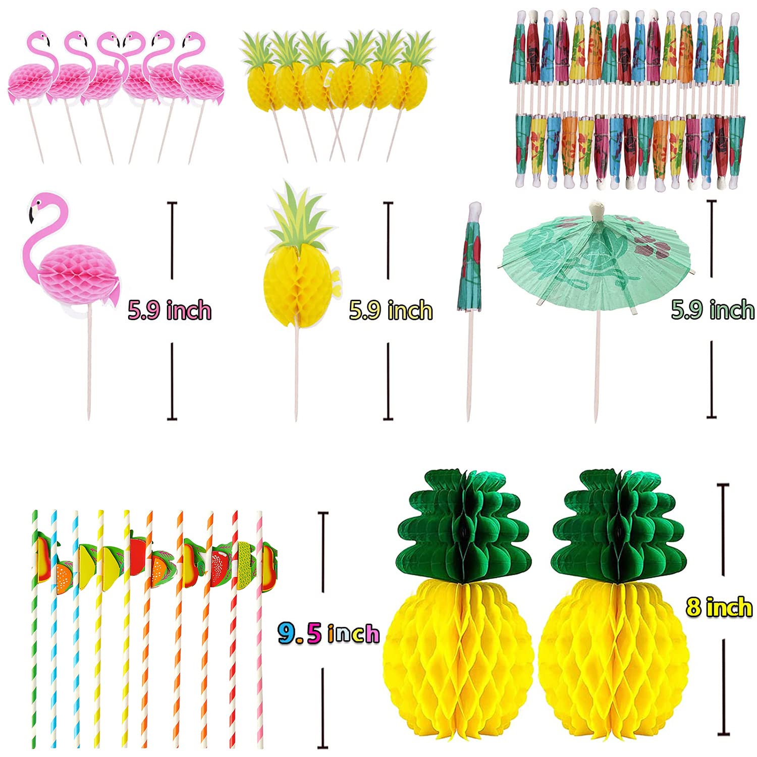 Hawaii Party Dekoration Set,114 Stück Luau Grass Tischrock Palmblätter, Hawaiian Blumen,Aloha Banner,ObstStroh,Mehrfarbige Regenschirme für BBQ Garden Sommer Tiki Tropischen Beach Deko