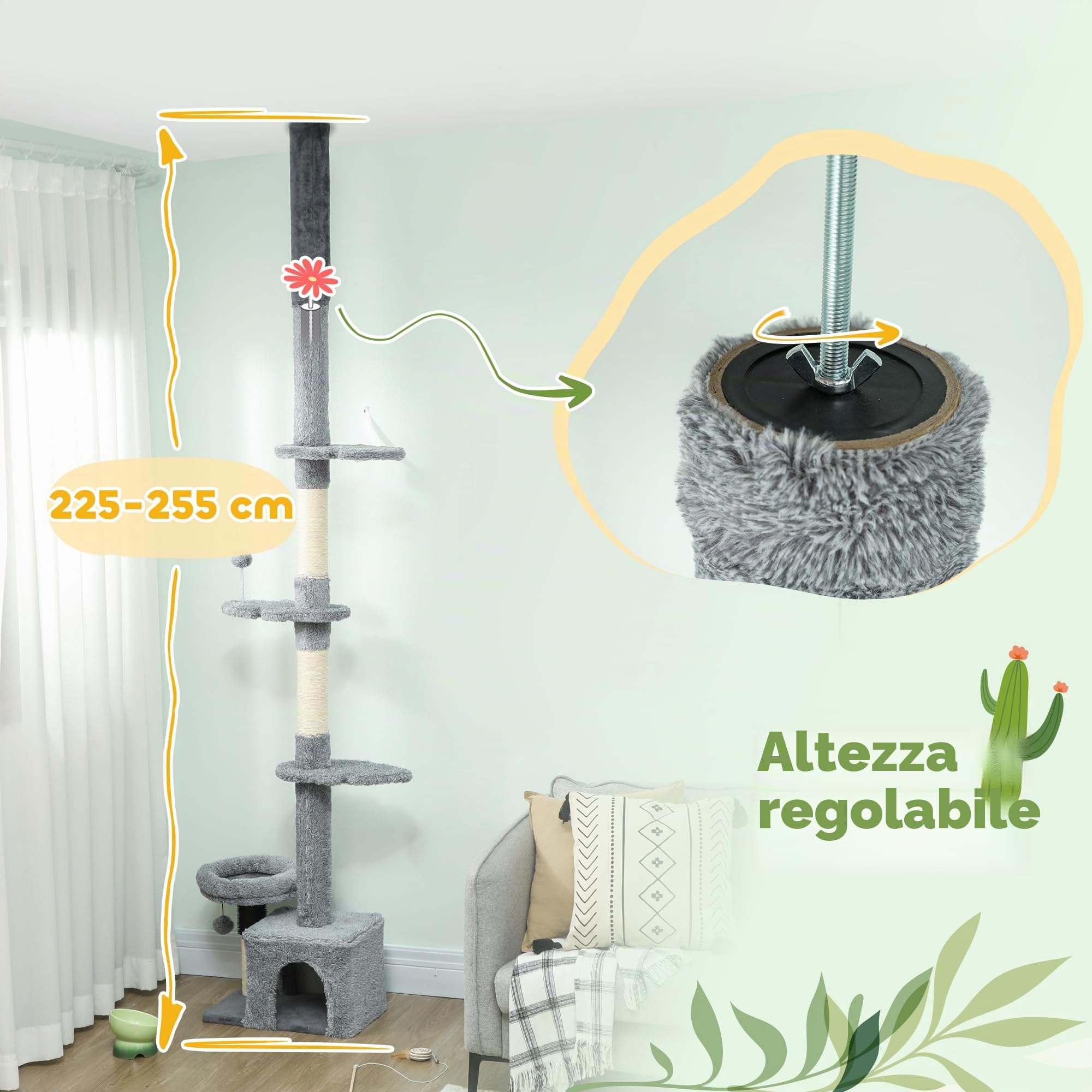 PawHut Albero per gatti da terra a soffitto, torre per gatti multilivello regolabile in altezza da 225 a 255 cm, con tiragraffi in sisal, cuccia, letto e palla sospesa, rivestimento in peluche, grigio