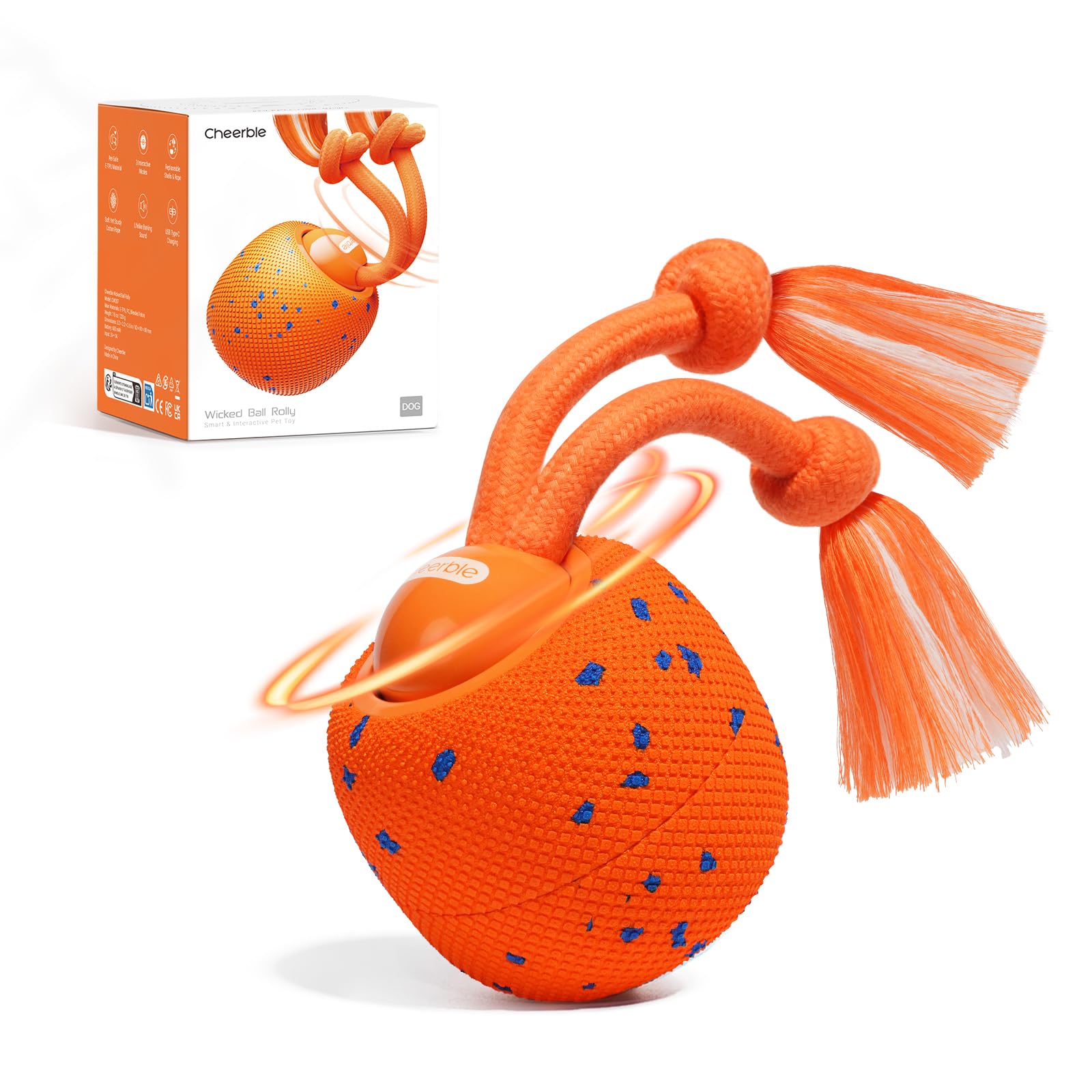 Cheerble Interaktiver Hundeball - Wicked Ball Rolly mit Seil & Bellen, Intelligentes Interaktives Hundespielzeug mit 3 Spielmodi, E-TPU, USB-C aufladbar, Geeignet für kleine bis große Hunde, Orange