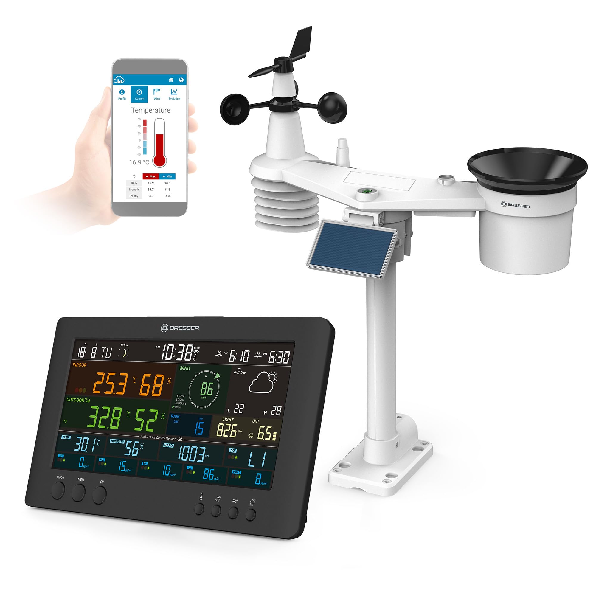 Bresser Centrum pogodowe 7 w 1: stacja pogodowa z Wi-Fi, monitor jakości powietrza, aplikacja, kolorowy wyświetlacz, prognoza 7-dniowa, termohigrosensor, barometr, poziom UV, poziom komfortu | Temperatura wewnętrzna i zewnętrzna, wilgotność, deszczomierz,
