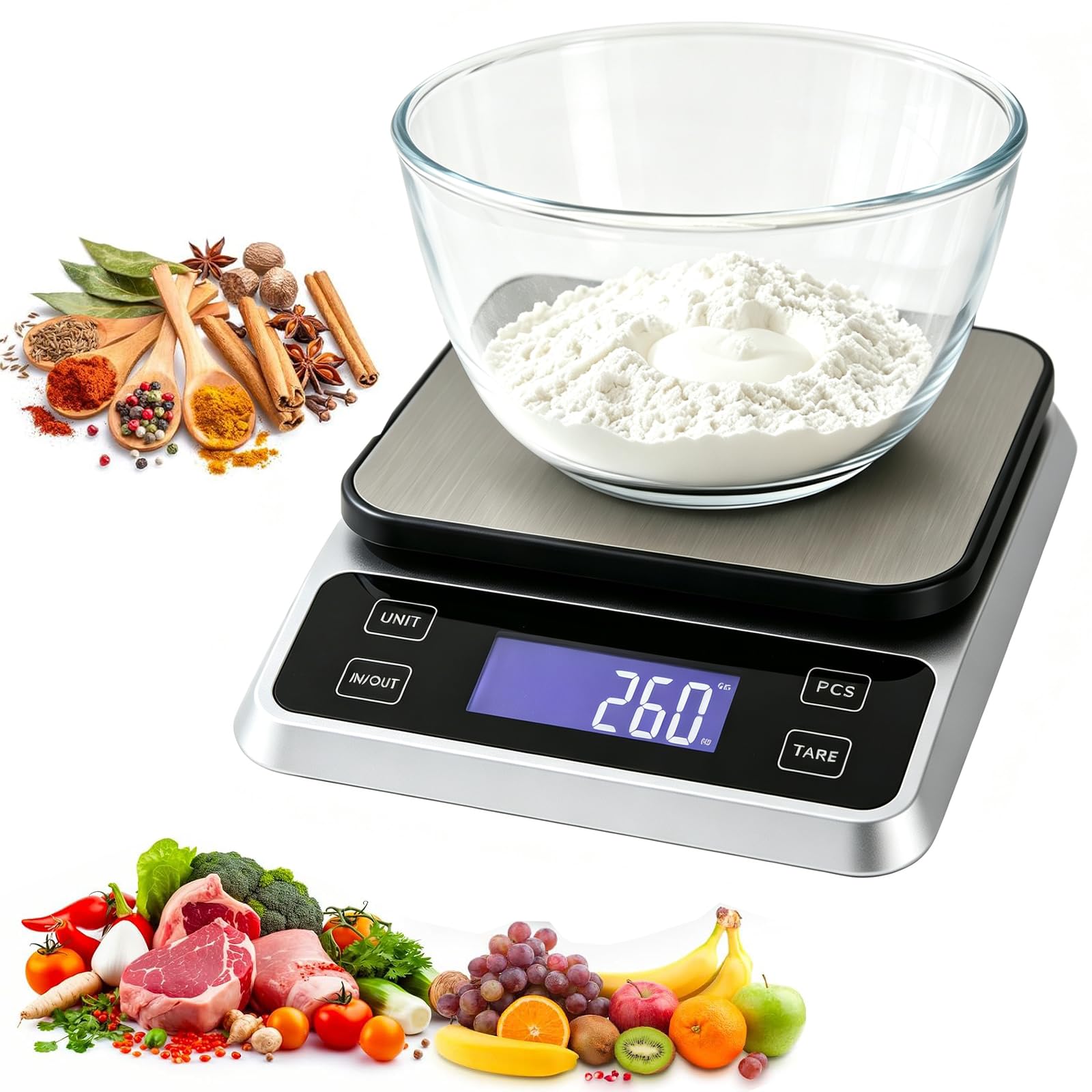 Food Weighing Scales 5kg/0.1g USB C Kitchen Scales Rechargeable