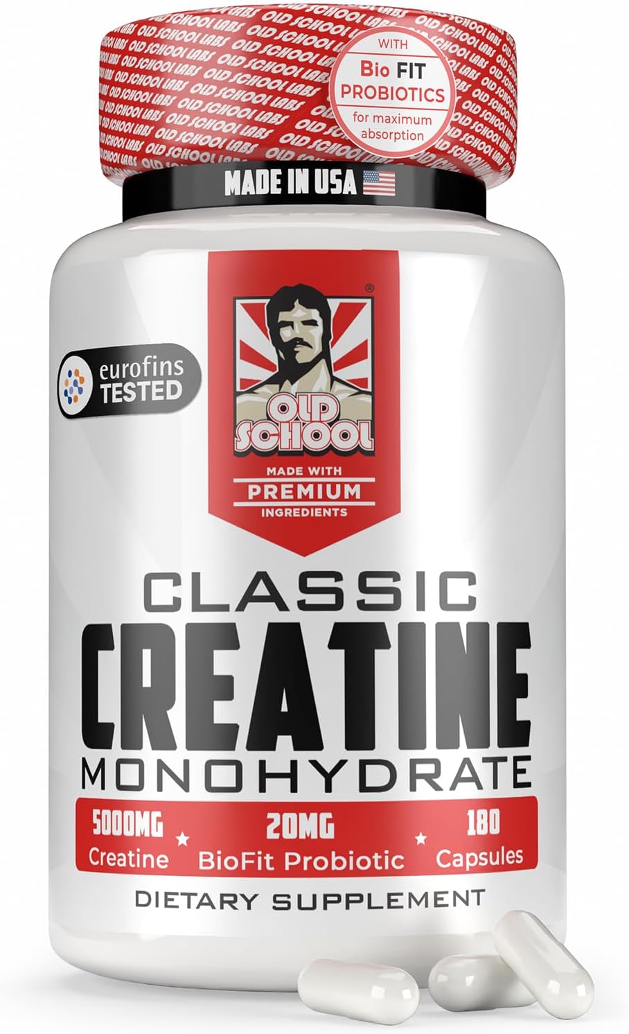 Old School Labs 5000mg Micronized Creatine Monohydrate with BioFit™ Probiotic - No Bloat Post-Recovery for Men & Women Supports Muscle Growth, Strength & Performance - Capsules
