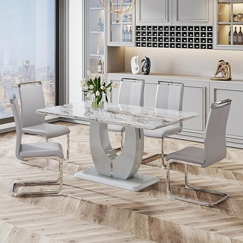 Miniatura 7 de JUFU Juego de Mesa de Comedor para 6, Mesa de Mármol Sintético y Juego de Sillas de 6, Juego de Mesa de Comedor Moderno para 6, Juego de Mesa de