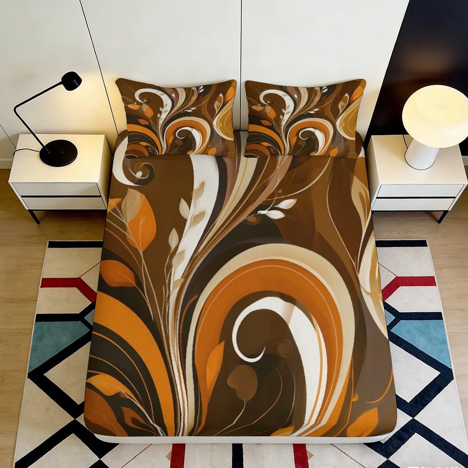 3D Printed Brown Swirl Fitted Sheet Microfiber Soft Durable Abstract Leaves Mattress Cover for Bedroom Dormitory Guest Room Protection Decor 120x200x25cm