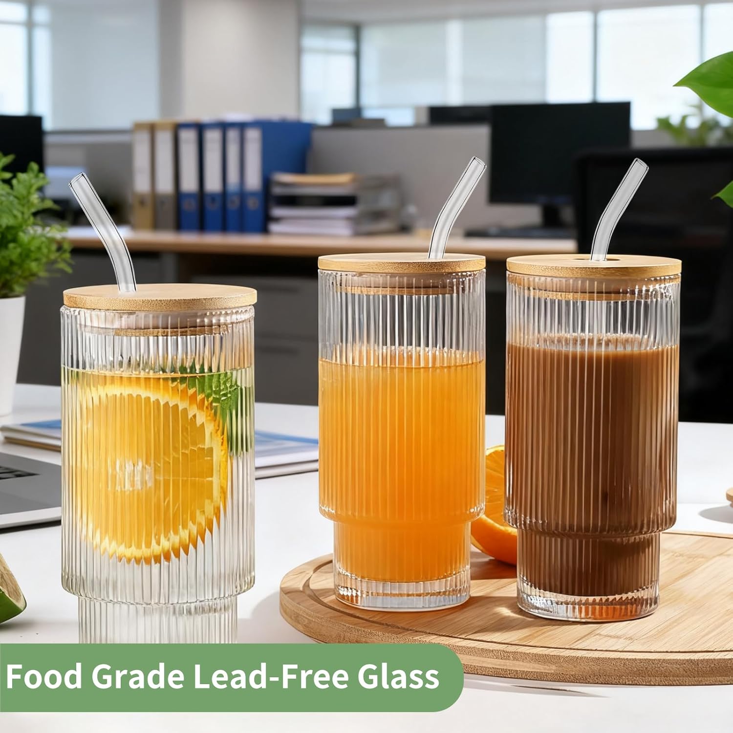 2 Pack Glass Cups with Lids and Straws, 16oz Ribbed Drinking Glasses Tumblers Durable Drinkware Water Glasses Cup Ideal Gift for Home, Kitchen, Office - Image 6