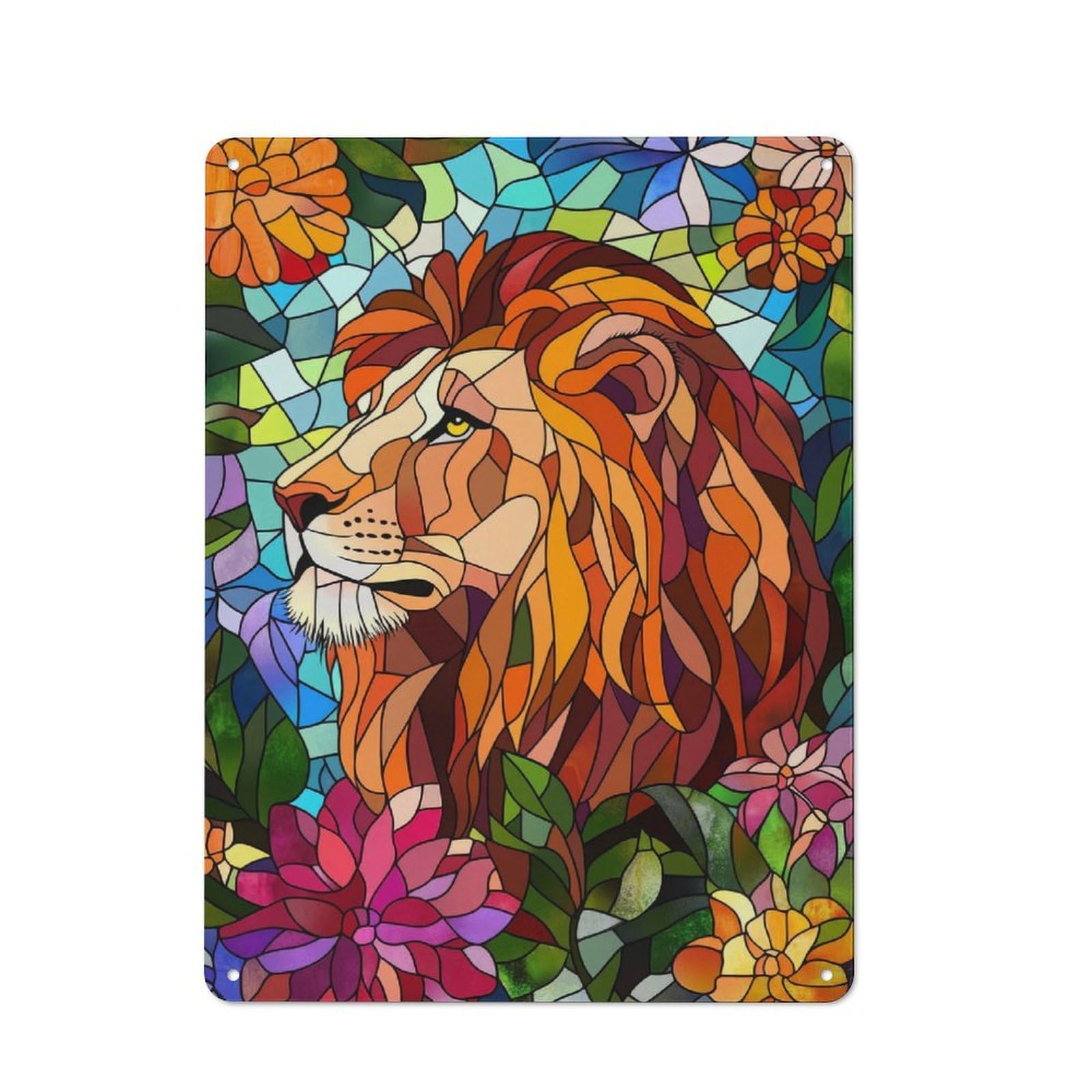 Junmoney Lion In Flowers Stained Glass 40X30cm Rustic Metal Sign With For Hobby Room Or Studio, Metal Sign Decor For Hobby Rooms And Studios