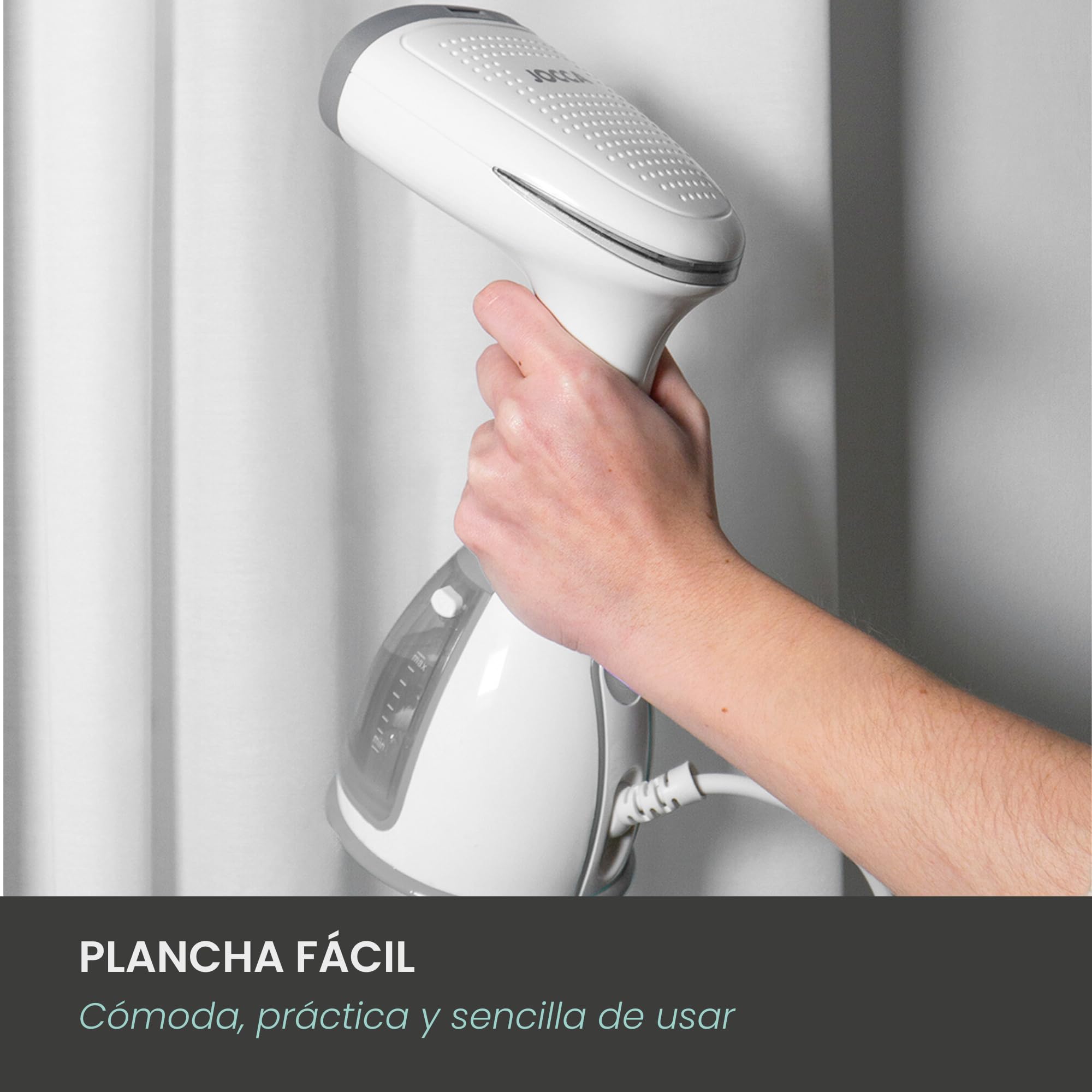 Jocca - Plancha de Vapor Vertical 1500W con Deposito 280ml, Sistema Antigoteo, Plancha de Viaje Compacta, Desinfeccion y Desodorizacion, Gris