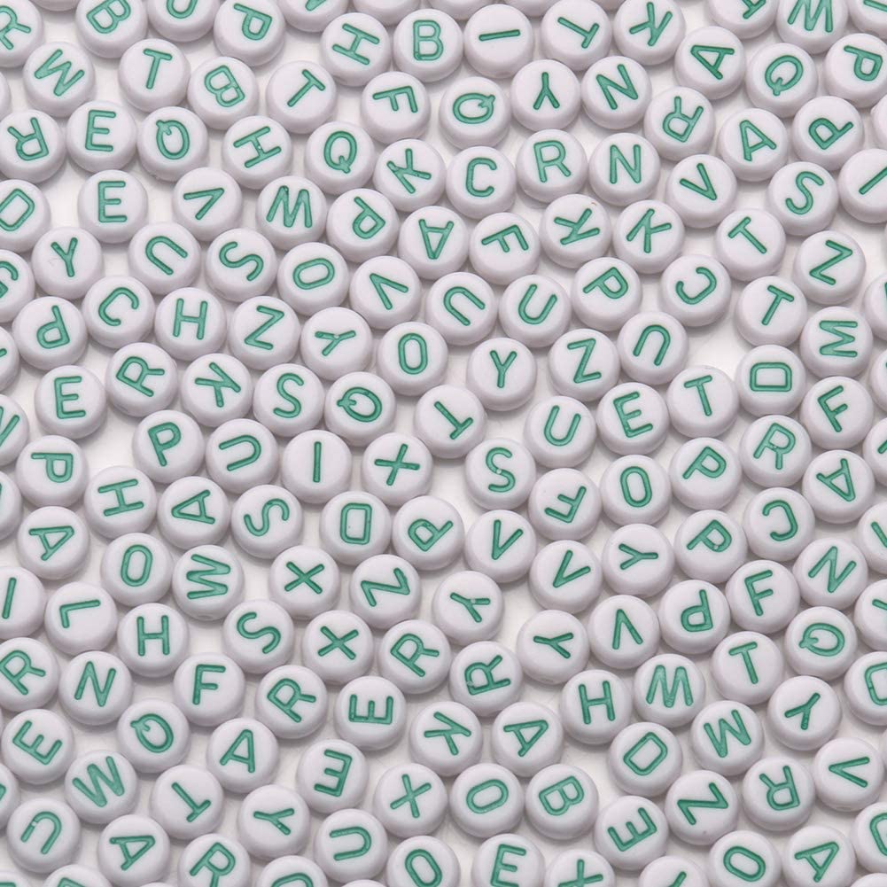 Acrylic Letter Beads Alphabet Green Letters White Round Bead, 4x7mm 1200pcs, for Friendship...