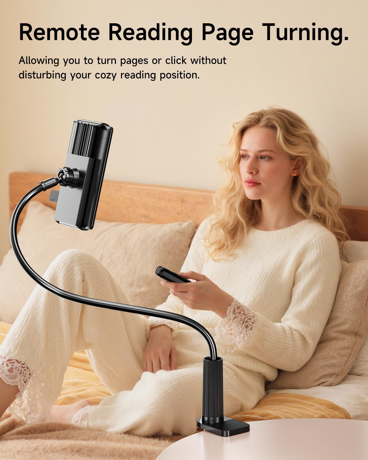 Support Kindle avec tourne-page à distance, support de lecture pour lit, bureau avec clic, pour Kindle Paperwhite, Oasis, iPad, iPhone et plus encore, tourne-page noir