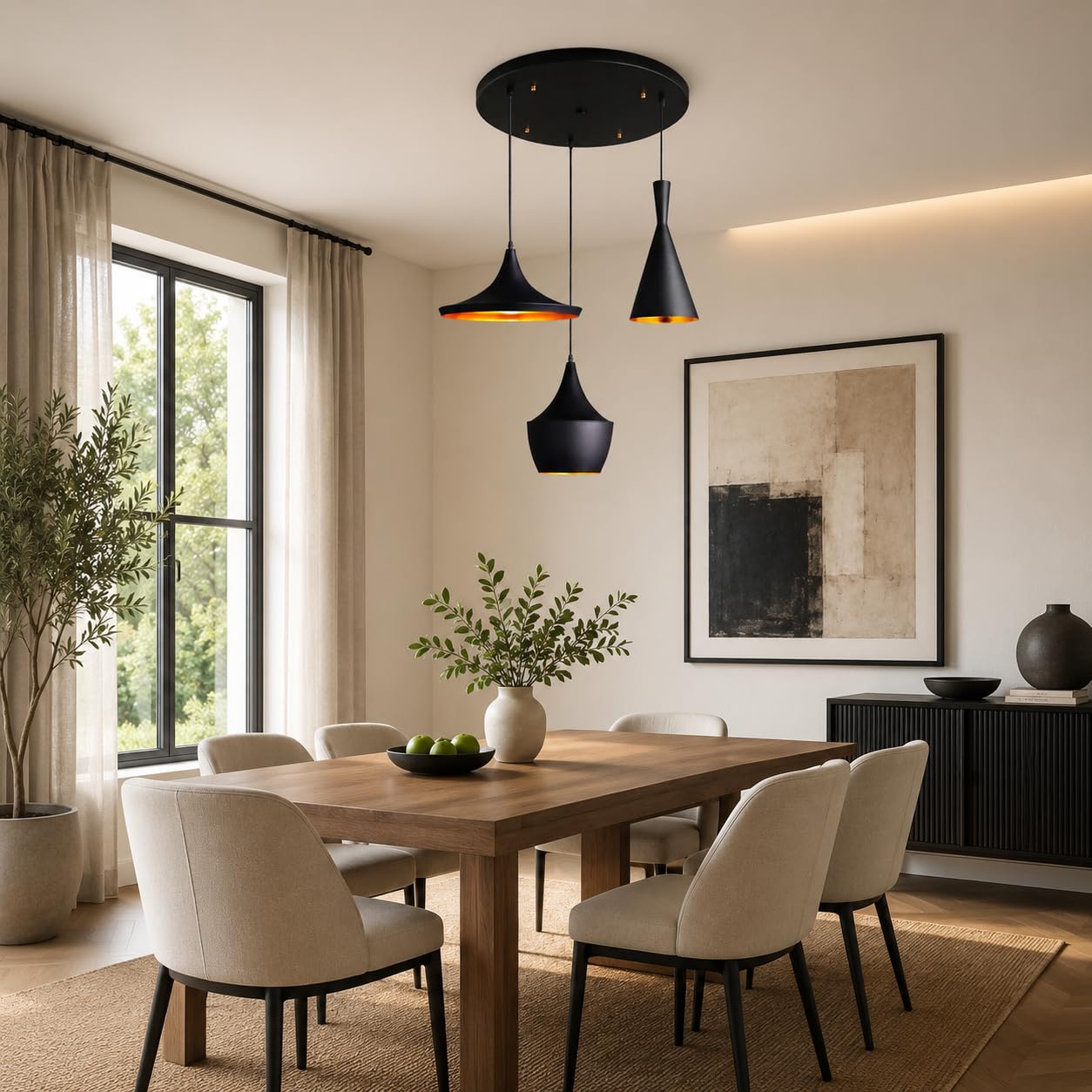 BARCELONA LED 3er Set Skandinavische Pendelleuchten SOLVANG HELGA KOLDING | Aluminium, Schwarzmatt, Goldene Innenseite, E27 Bis 40W, Höhenverstellbares Kabel, Warmes Licht
