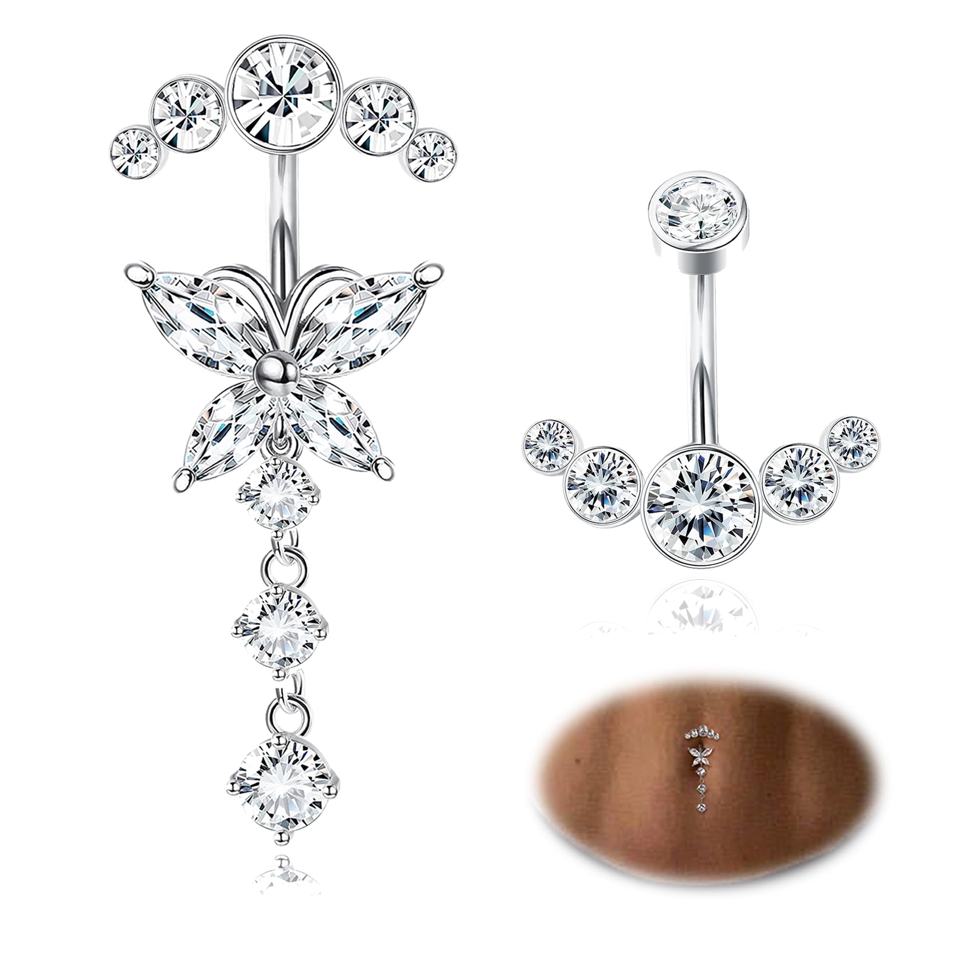 Kakonia Piercing de ombligo colgante de titanio para mujer, bonita cruz de mariposa de 14 g, corazón con cadena de circonita cúbica, anillos de ombligo para el cuerpo, joyería