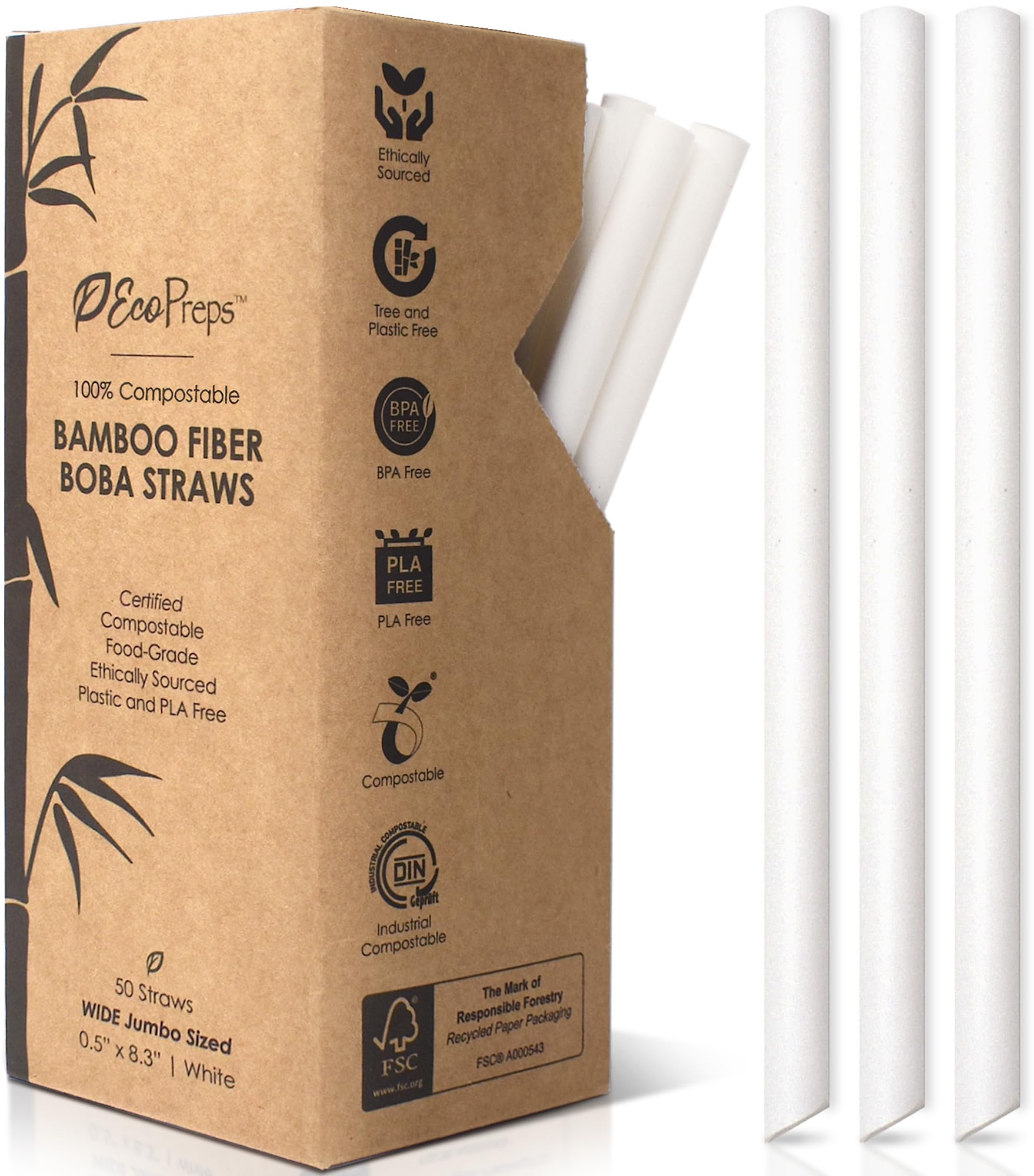 - EcoPreps Biodegradable Jumbo Smoothie Straws, Bamboo Fiber Boba Straws - 50 PCS, Extra Wide, 100% Compostable, Plastic-Free, Eco-Friendly Large Wide-Mouthed Straw - 8.25" Long Bamboo Disposable Straw