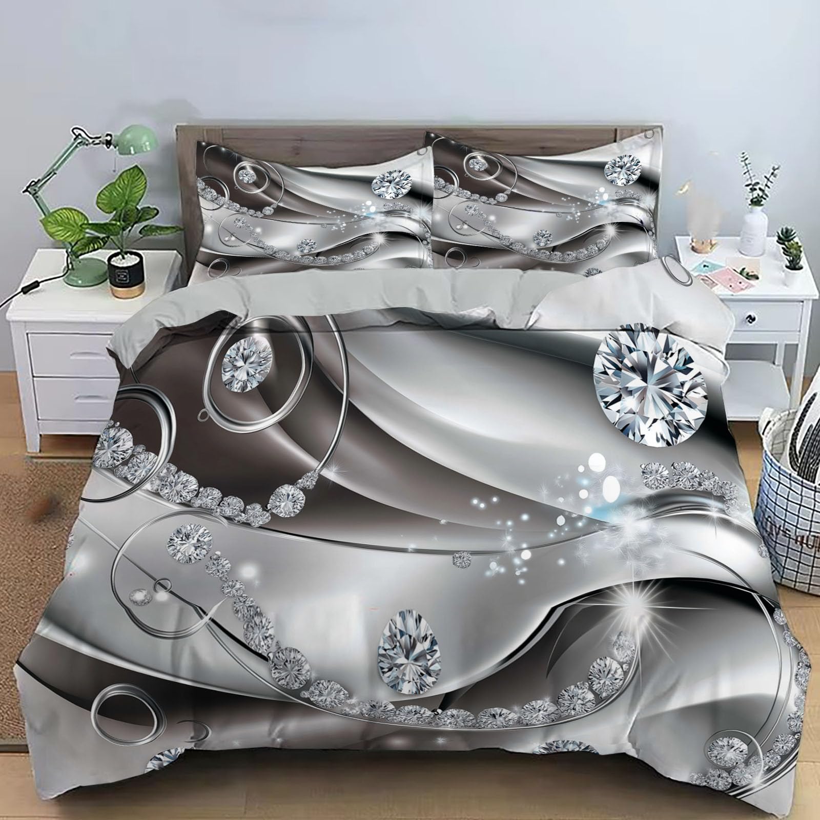 Housse de couette 140x200cm gris argenté réversible diamant scintillant avec taie