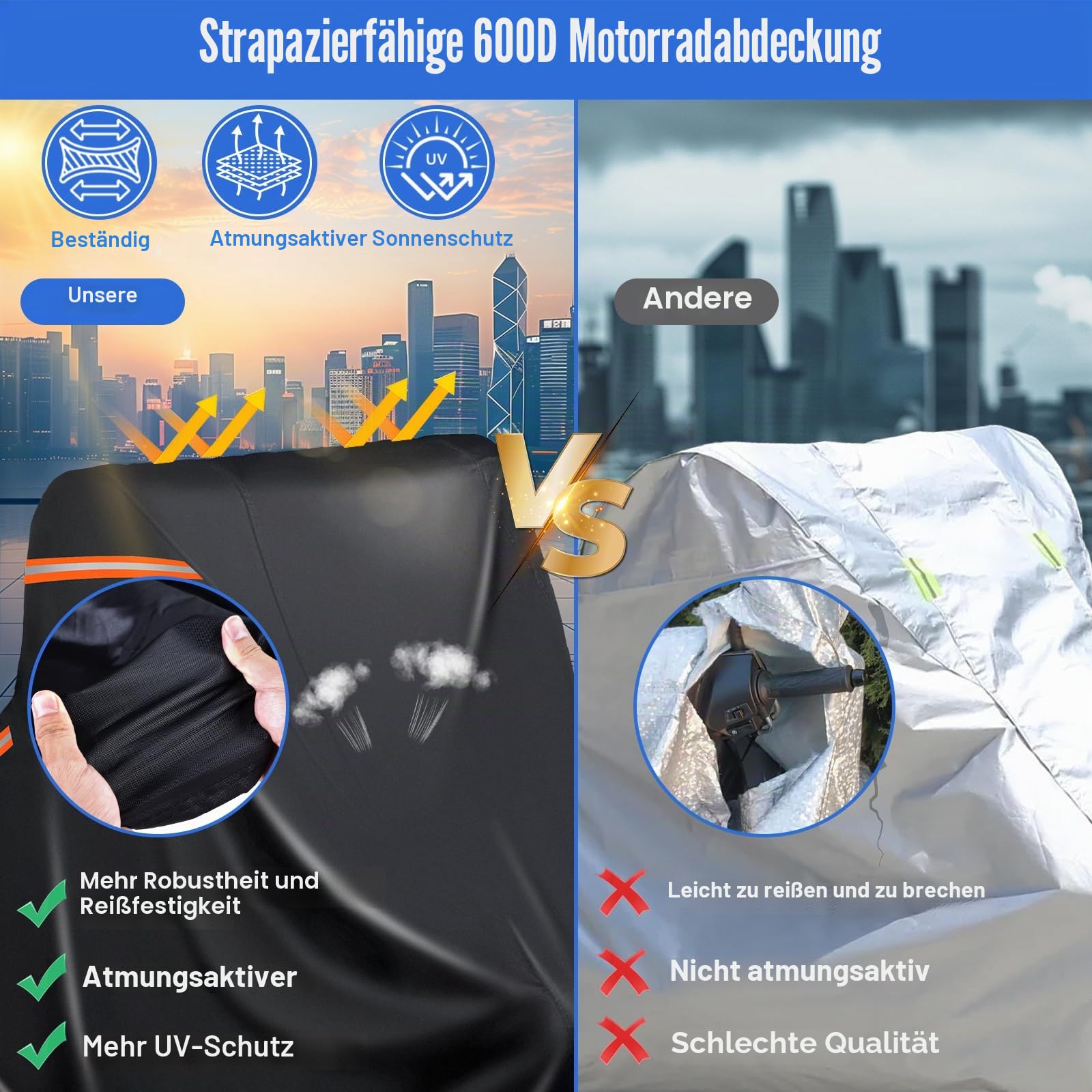 Moped Abdeckung Outdoor,420D Motorradabdeckung Wasserdicht mit Silberner Nano Beschichtung,5 Reflektierende Streifen,2 öFfnung Zur BelüFtung,Motorradabdeckungen (XL 218x99x129cm Schwarz)