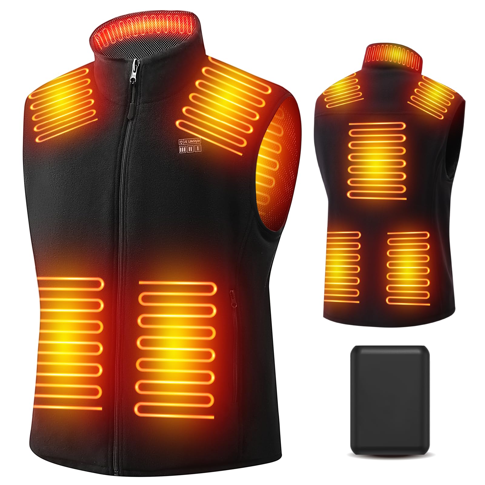 JS LifeStyle Gilet riscaldato in pile da uomo con batteria da 18400 mAh inclusa ricaricabile, giacche 3S riscaldate rapidamente, nero, XX-Large