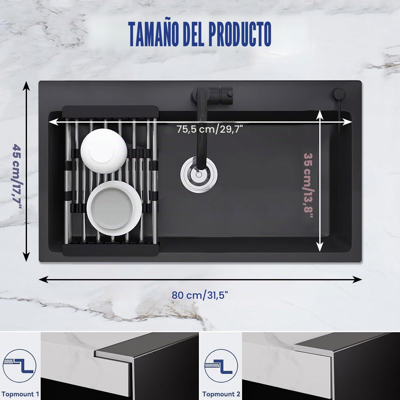 80x45cm Fregadero De Cocina 1 Seno De Acero Inoxidable con Dispensador De JabóN, Grifo y Juego De DesagüE, Fregadero Bajo Encimera O Sobre Encimera con Escurreplatos, Negro