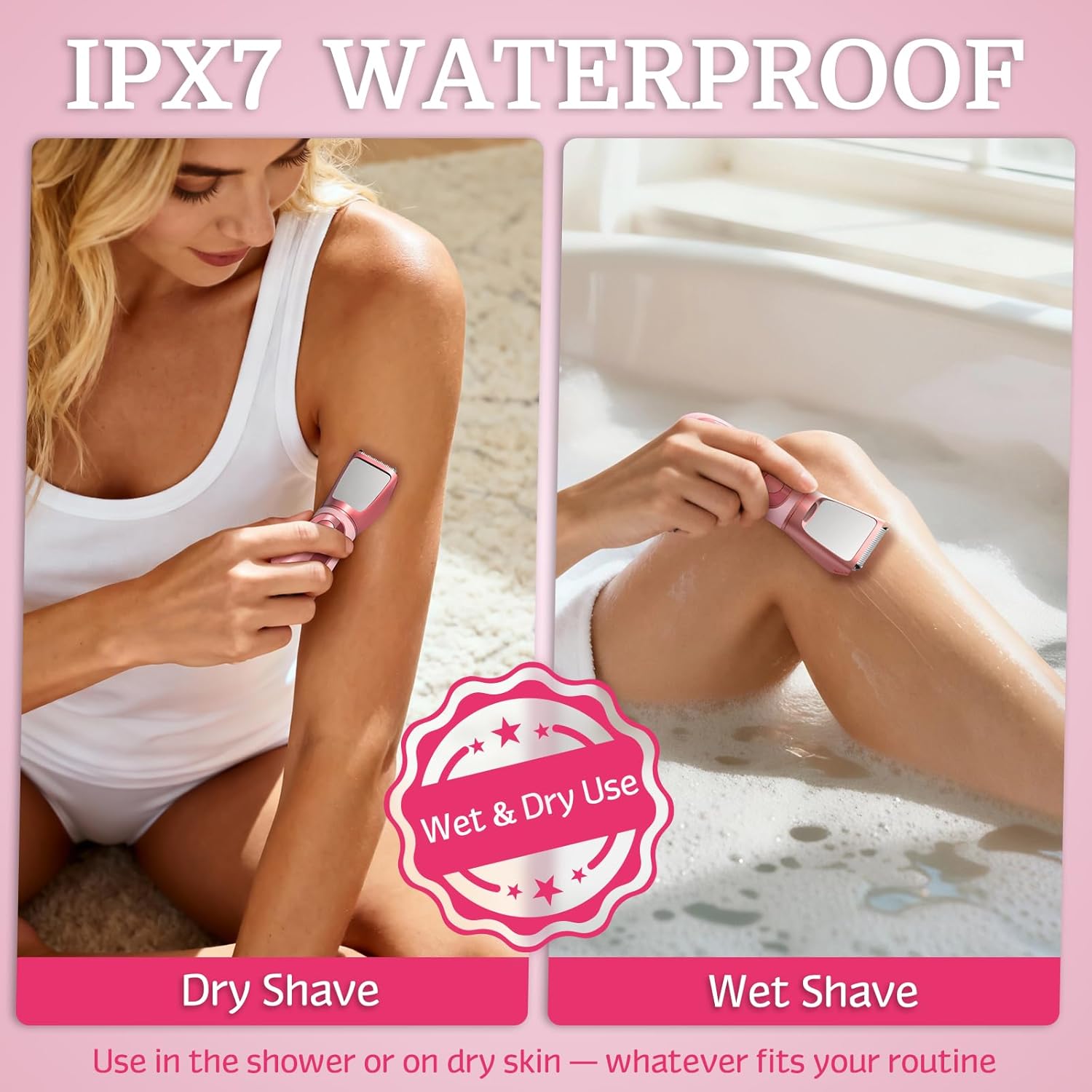 Bikini Trimmer for Women Men, 2 in 1 Electric Razors Shaver, IPX7 Waterproof Body Hair Trimmer with Mirror, LED Light & Display, Painless Pubic Hair Removal, Pink