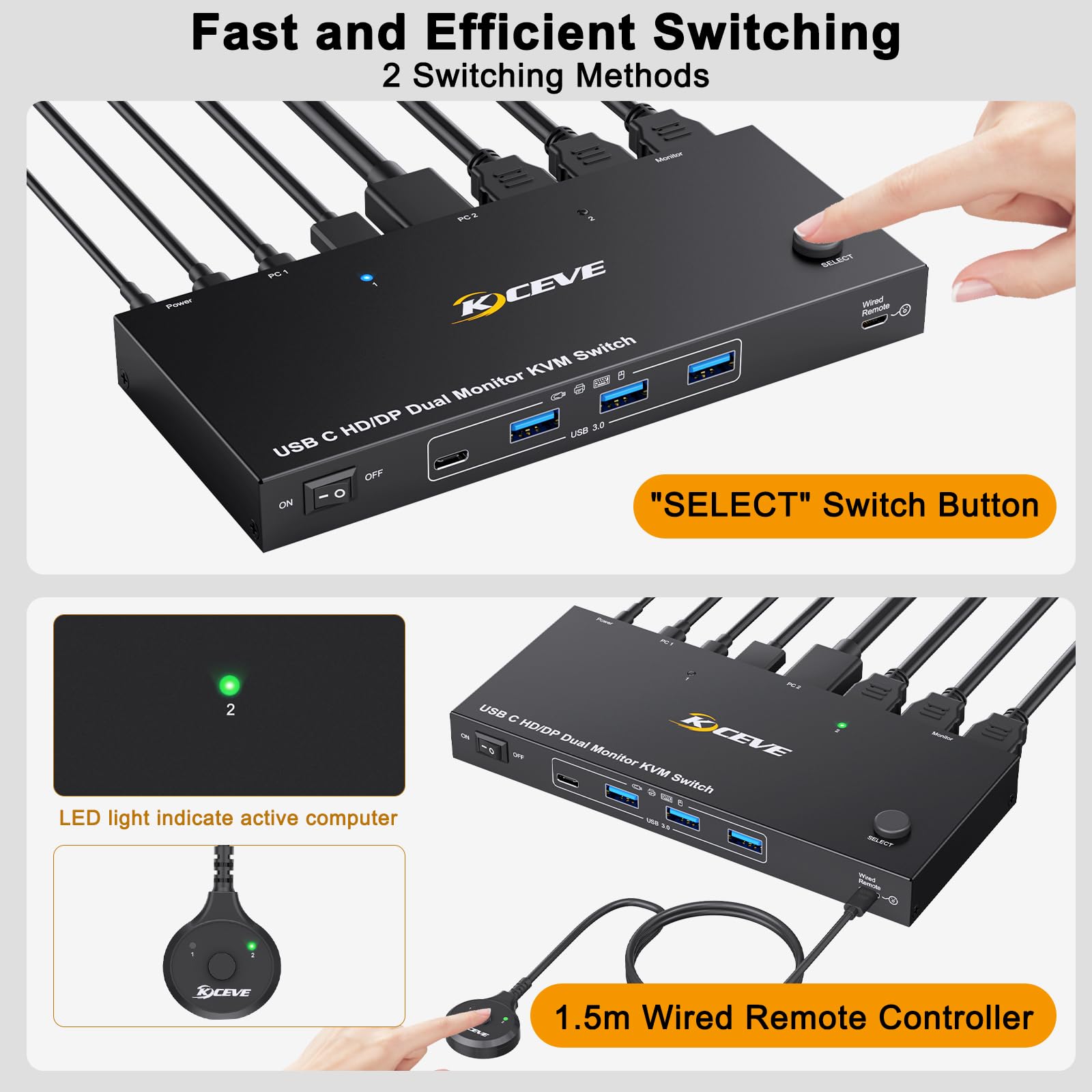 KVM Switch Laptop PC 2 Monitore, KVM Switch 2 PC 2 Monitore USB C DP HDMI Teilen 4 USB 3.0 Ports, 4K@60Hz, MST, PD 60W, Wired Remote(4K USB C DP HDMI 2 in 2 out KVM)