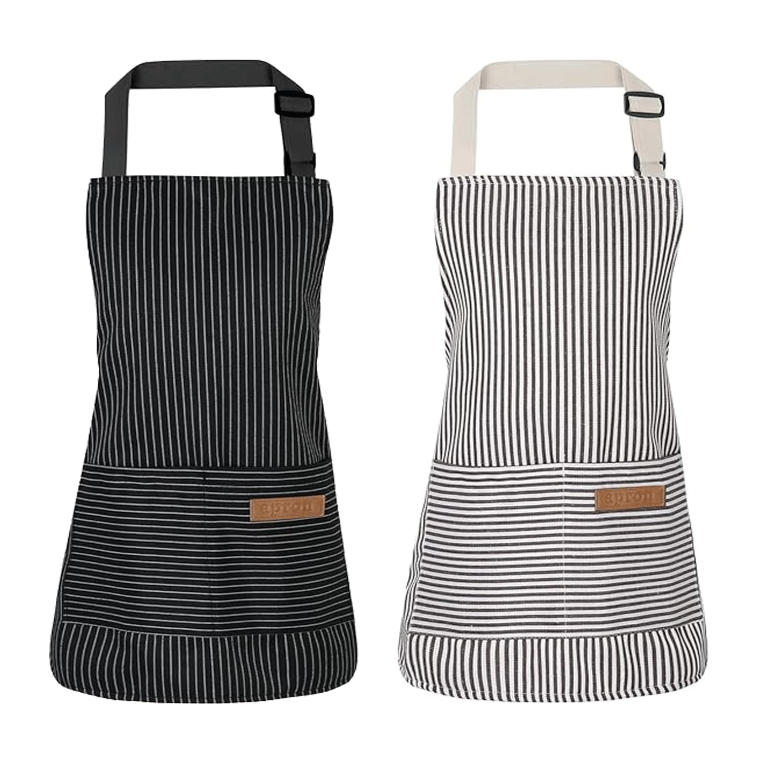 Paicreate 2 Pack Chef Apron, Chef Aprons for Women with Pockets, Aprons for Men, Kitchen Apron Chefs For Women Black Apron Stripe Baking Cleaning Gardening