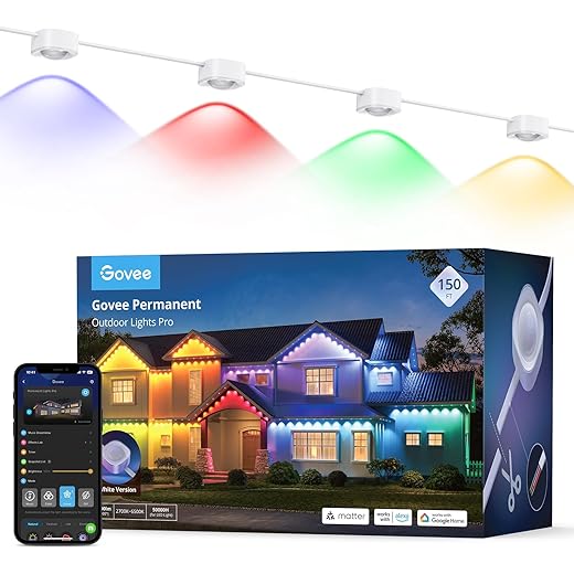 Govee Permanent Outdoor Lights Pro, 150ft with 90 RGBIC LED Lights for Daily and Accent Lighting, 75 Scene Modes for Outdoor Decor, IP67 Waterproof, Works with Alexa, Google Assistant, Matter, White