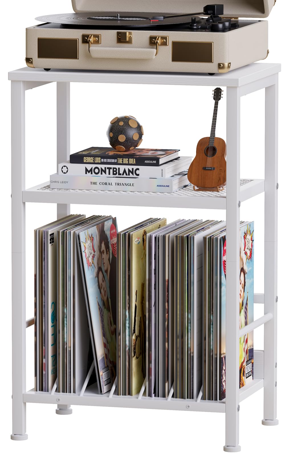 Furologee 3 Tier Record Player Stand, End Table, White Record Player Stand with Vinyl Storage Up to 100 Albums, Nightstand with Storage Shelves, for Living Room, Bedroom, White