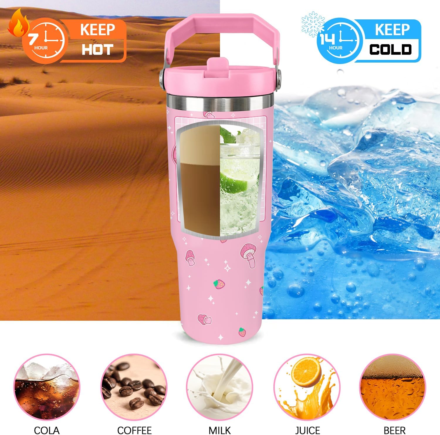 Frog Tumbler with Lid and Straw 30oz Flip Straw Mushroom Tumbler Glass Insulated Cute Frog Travel Mug with Handle Gifts for Women - Image 3