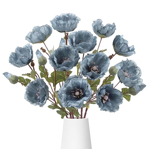 muafho 6Pcs Fake Poppy Artificial Flowers Blue Faux Silk Poppy Flowers Spring Flowers with Long Stems for Bridal Wedding Bouquets Floral Arrangements Home Centerpiece Table Party Decor (Blue) - Light Blue