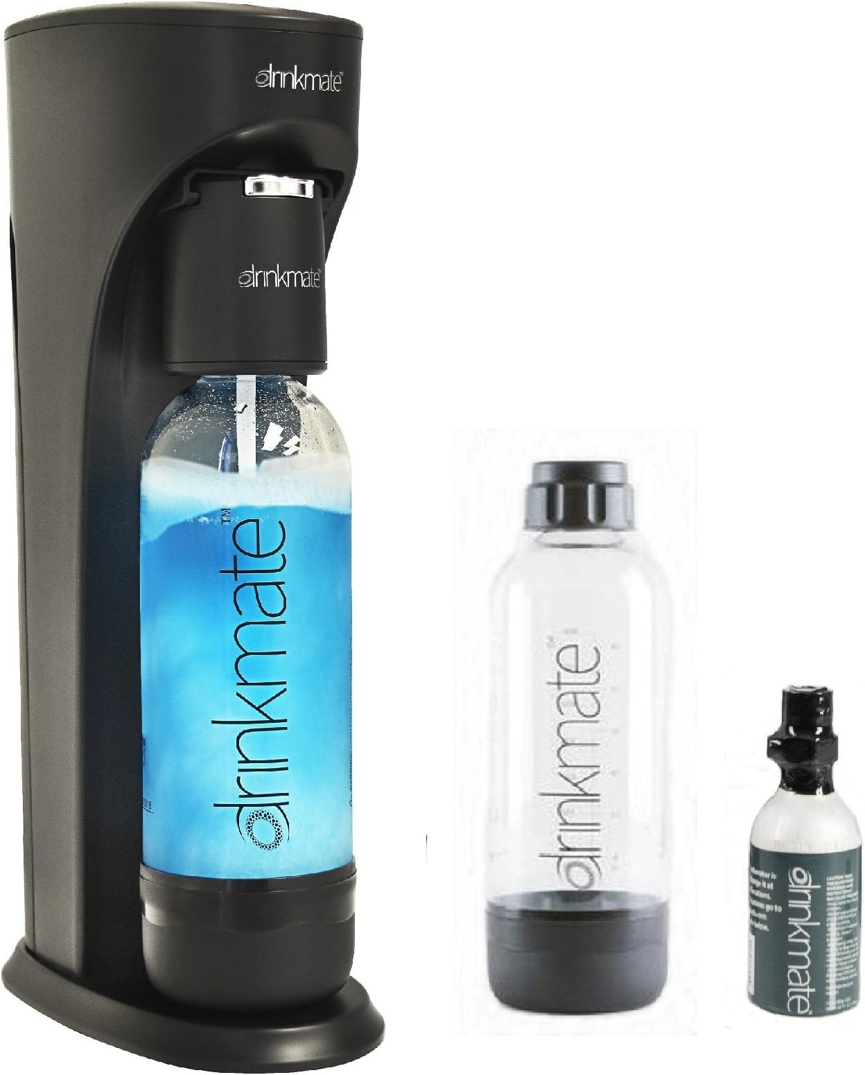 Drinkmate Beverage Carbonation Maker (Black) with 3 oz Cylinder Includes Two BPA-free Carbonation bottles, 1Litre and a half litre bottle (extra bottle may come in assorted color).