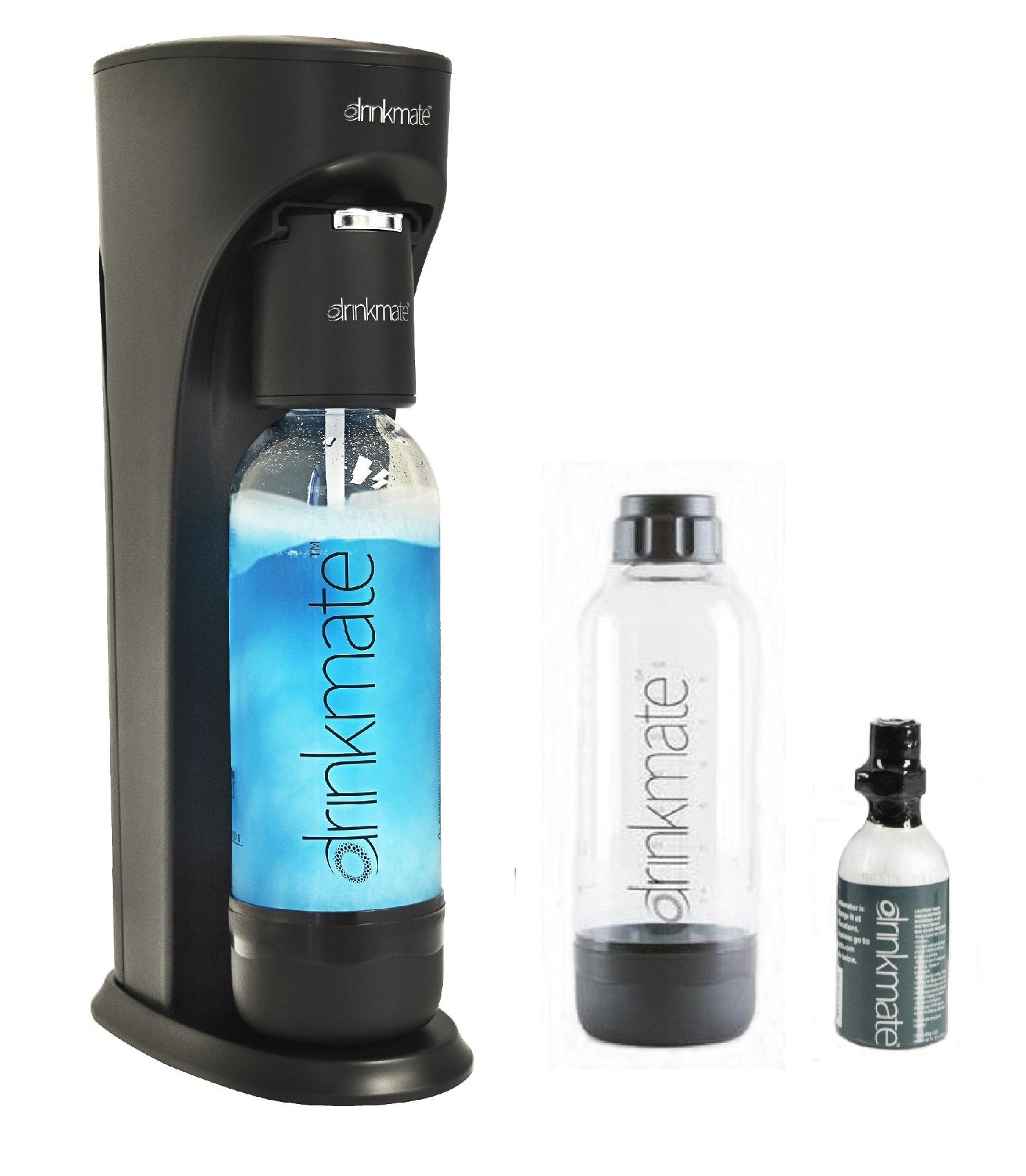 Drinkmate Beverage Carbonation Maker (Black) with 3 oz Cylinder Includes Two BPA-free Carbonation bottles, 1Litre and a half litre bottle (extra bottle may come in assorted color).