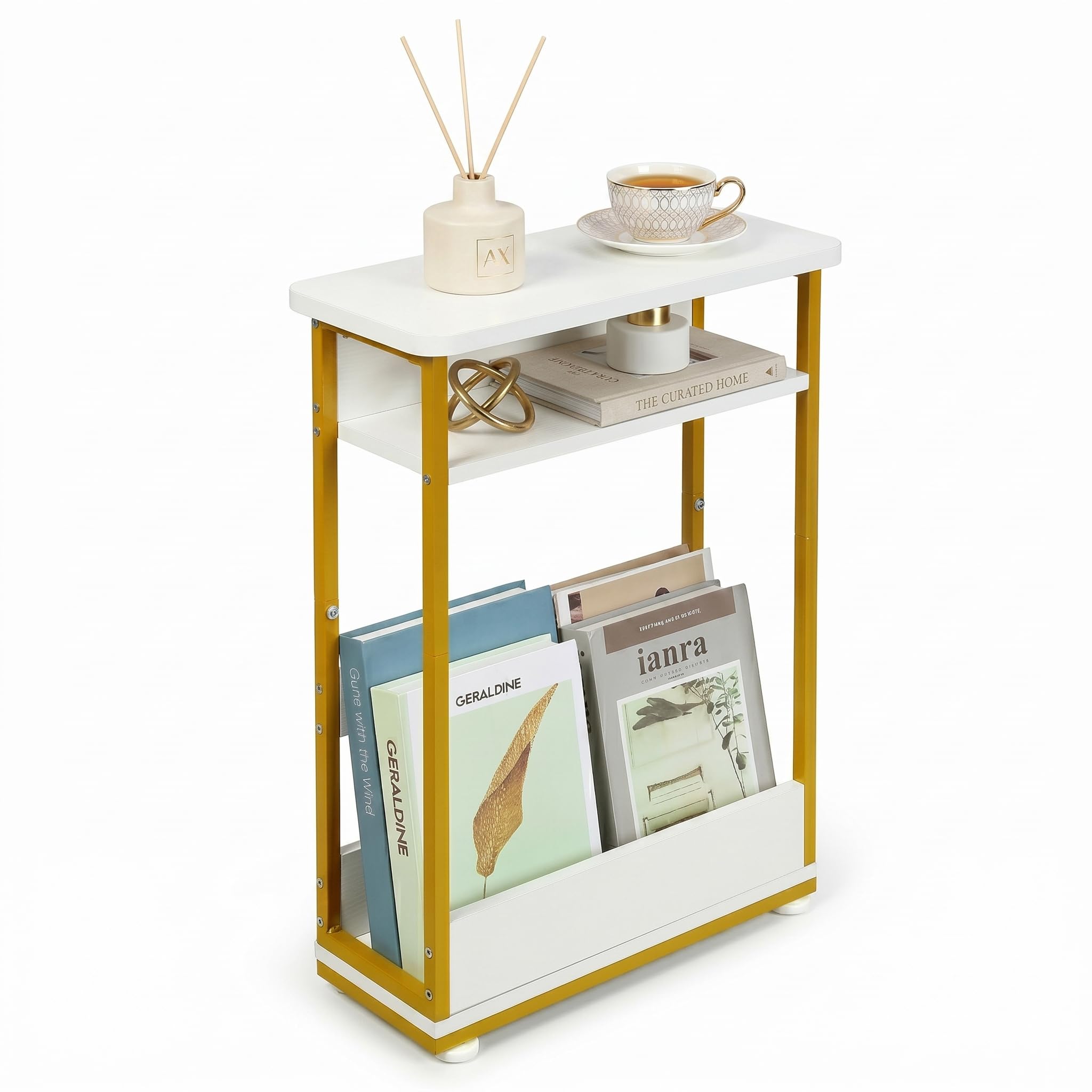 YEAKOO Narrow Side Table for Narrow and Small Spaces, Skinny Bedside Table Small Nightstand with Magazine Rack Space Saving, Gold