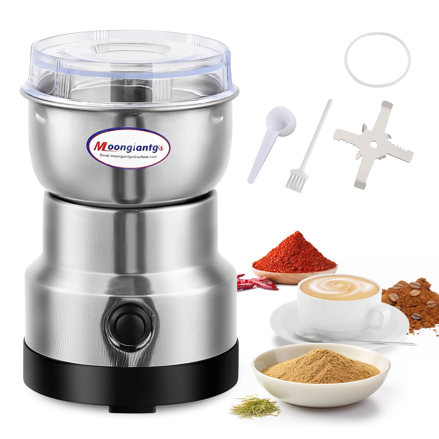 Coffee Grinder Electric, Mini Spice Grinder, 200W 10s Fast Grinding, Dry Grain Mill for Spices Seeds Rice Beans Seasonings, with Replacment Stainless Steel Blade (Silver, 110V)